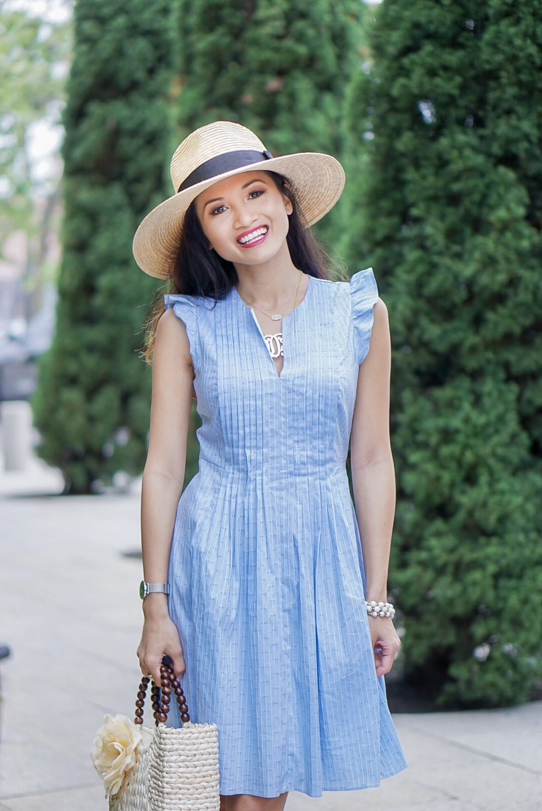 easter dress, baby blue dress, spring dress, ruffle sleeve, pintuck dress, straw hat, straw bag, soludos wedges, espadrille wedges, spring style, spring fashion, Easter