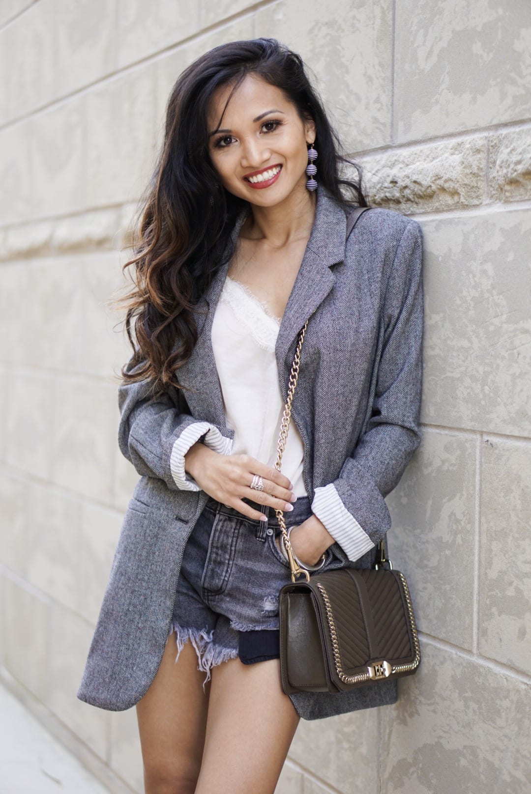 tweed blazer, spring style. Rebecca Minkoff mules, gold mules, spring shoe, Rebecca Minkoff love crossbody bag, Free People Good Vibration shorts, business casual outfit, spring style, spring sale, shopbop spring sale, black denim shorts 
