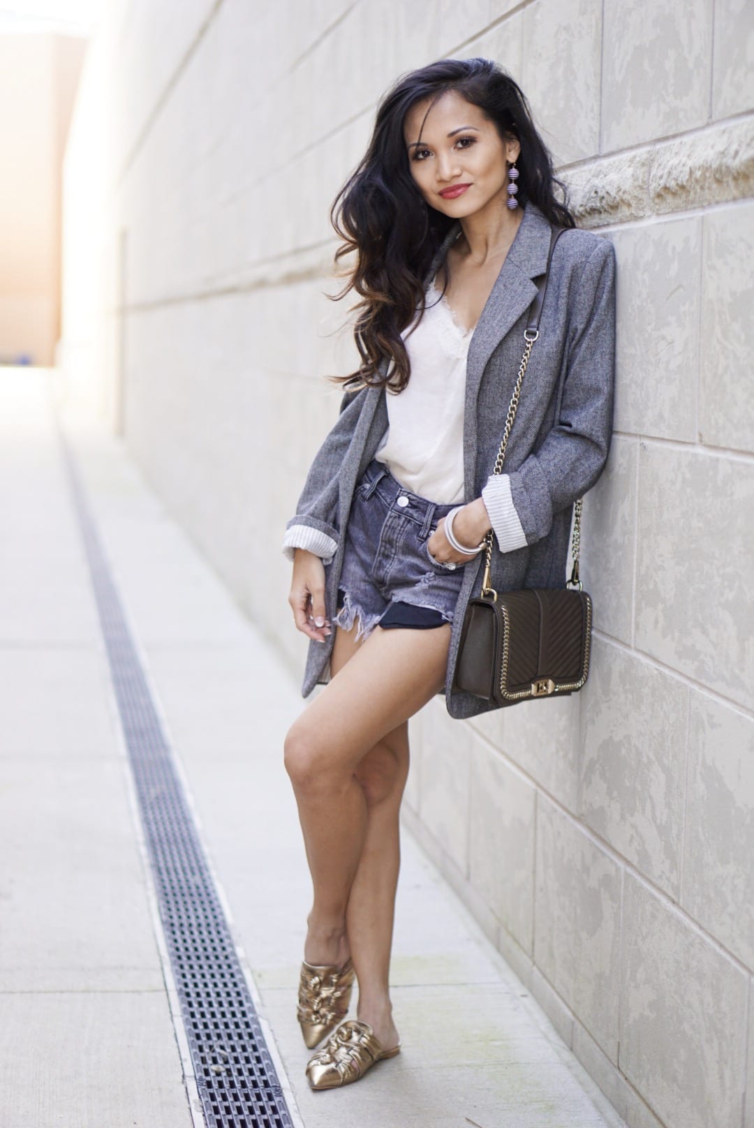 tweed blazer, spring style. Rebecca Minkoff mules, gold mules, spring shoe, Rebecca Minkoff love crossbody bag, Free People Good Vibration shorts, business casual outfit, spring style, spring sale, shopbop spring sale, black denim shorts 