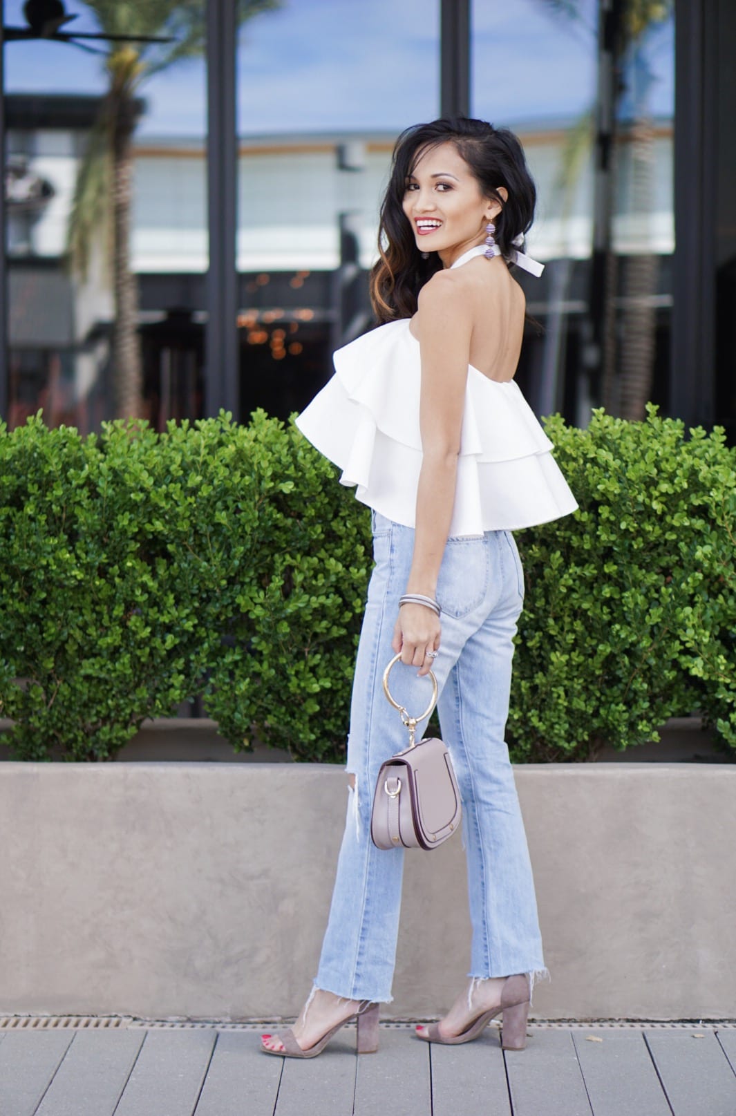 ruffle top, summer outfit, cropped straight jeans, giveaway, survey, bauble bar, Chloe bag dupe 