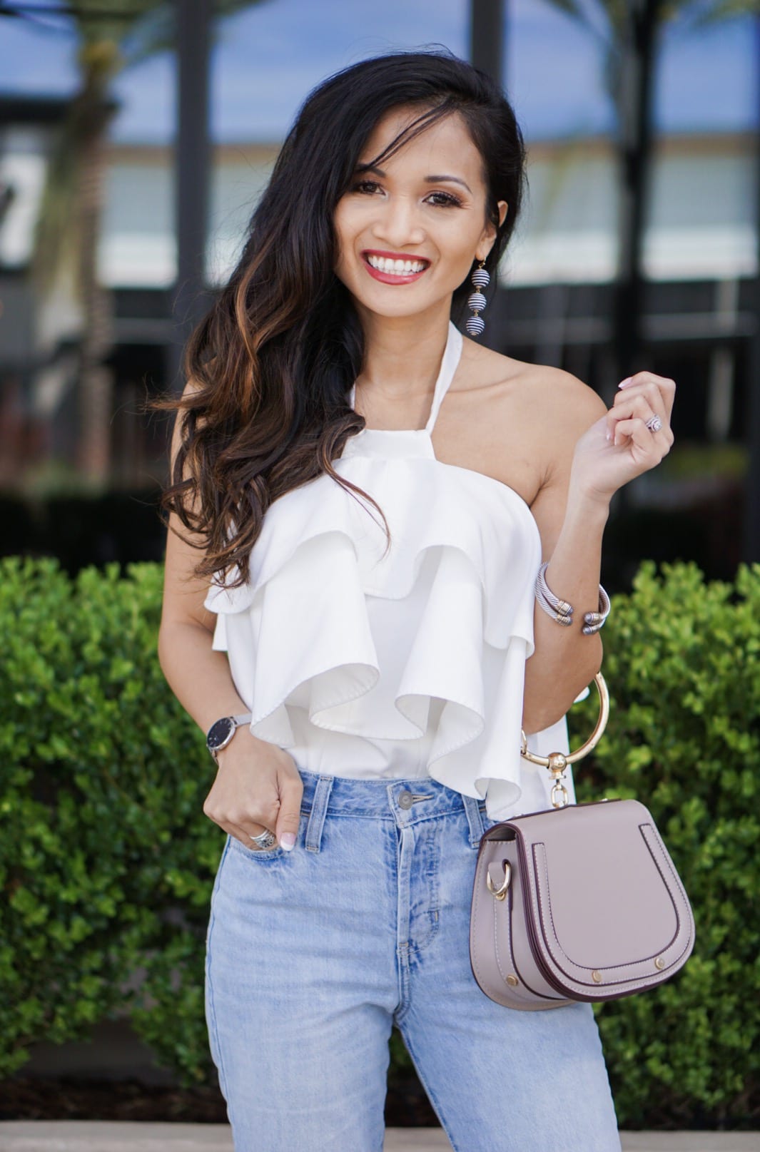 ruffle top, summer outfit, cropped straight jeans, giveaway, survey, bauble bar, Chloe bag dupe 