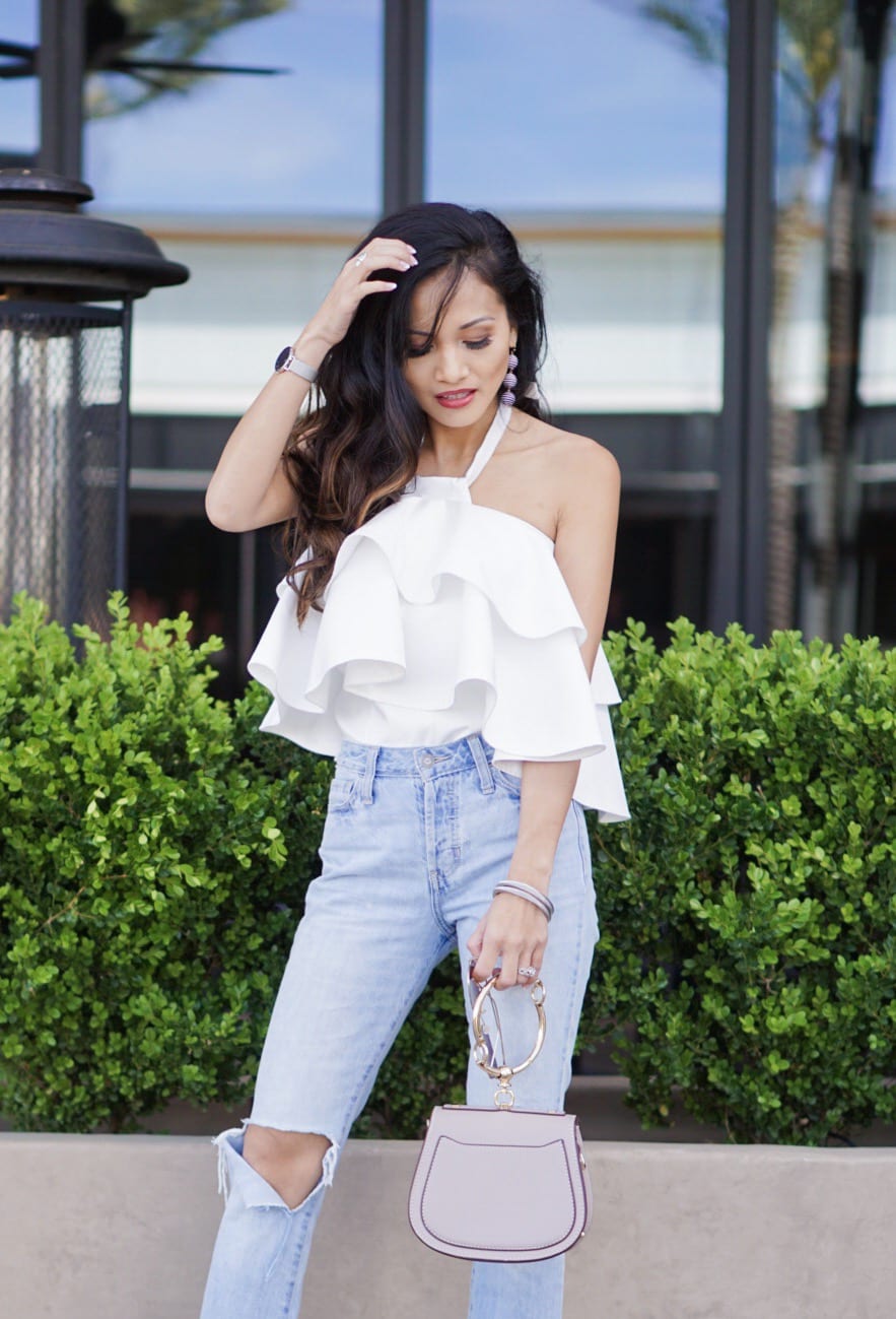 blog survey, ruffle top, summer outfit, cropped straight jeans, giveaway, survey, bauble bar, Chloe bag dupe 