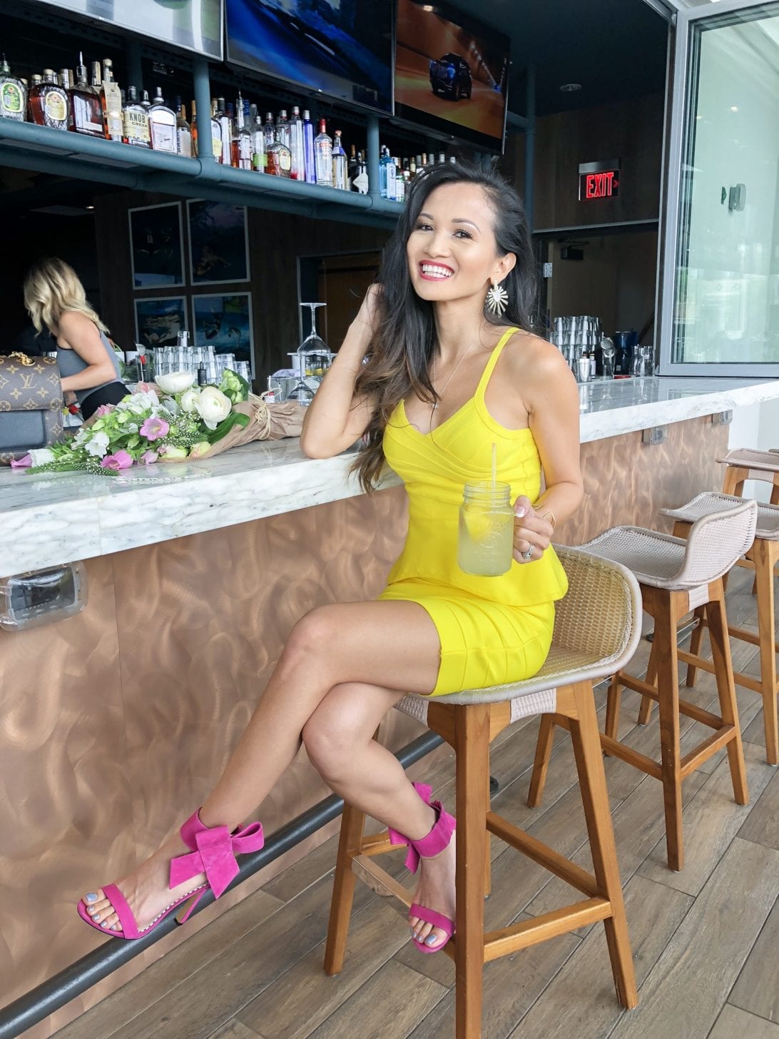 yellow dress, bandage dress, pink heels. bow heels, Moxie Houston, birthday outfit, thirty, birthday brunch, #springstyle #birthdayoutfit #thirtyandthriving, #houston, #houstonblogger