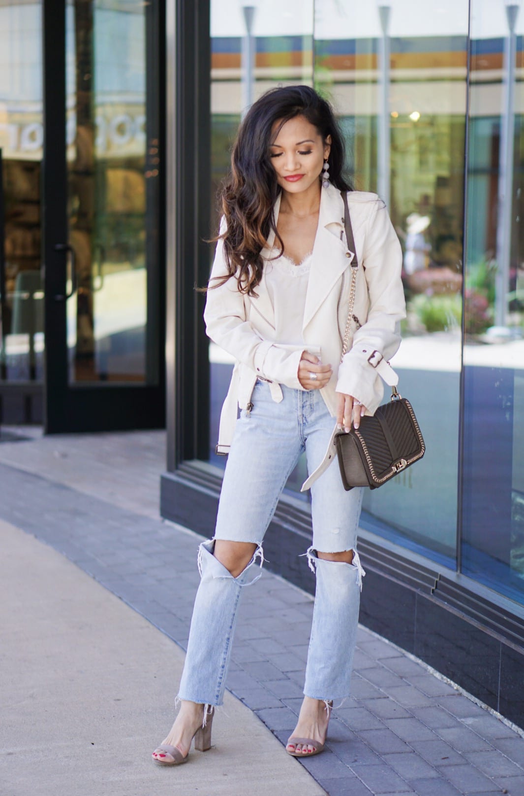 #summerstyle, #summerjackets, #summerfashion,#houstonblogger, #dawnpdarnell, white jacket, moto jacket, white cami, busted knee crops, Levi's, Paige Denim, Rebecca Minkoff Love crossbody bag, blazer