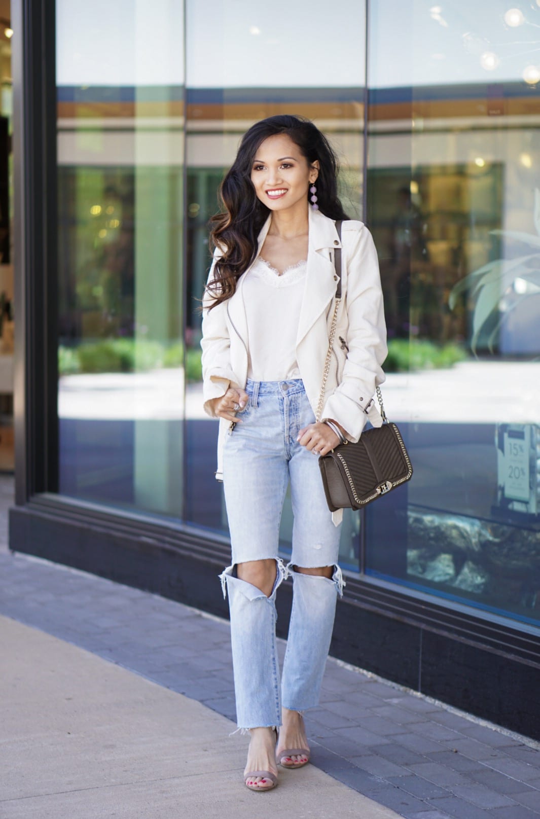 #summerstyle, #summerjackets, #summerfashion,#houstonblogger, #dawnpdarnell, white jacket, moto jacket, white cami, busted knee crops, Levi's, Paige Denim, Rebecca Minkoff Love crossbody bag, blazer