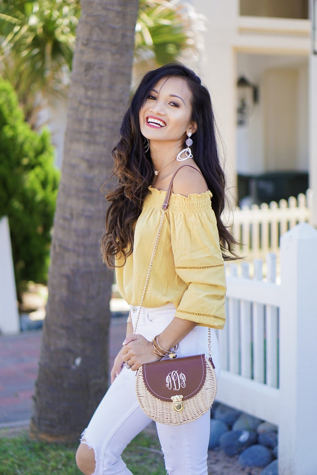 month of May, Mother's Day, Memorial Day,, off the shoulder, cinco de Mayo, red embroidered dress, yellow statement earrings, bamboo bag, straw bag, yellow off the shoulder top, Betsy Boo's Boutique, red gingham top, Soludos platform sandals