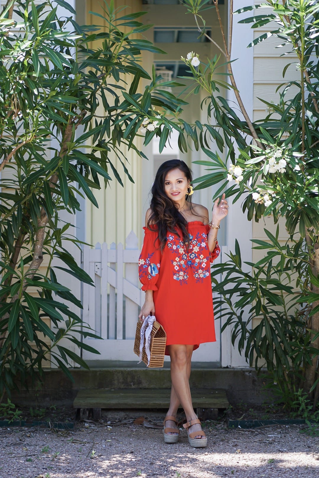 off the shoulder, cinco de Mayo, red embroidered dress, yellow statement earrings, bamboo bag, straw bag, yellow off the shoulder top, Betsy Boo's Boutique, red gingham top, Soludos platform sandals