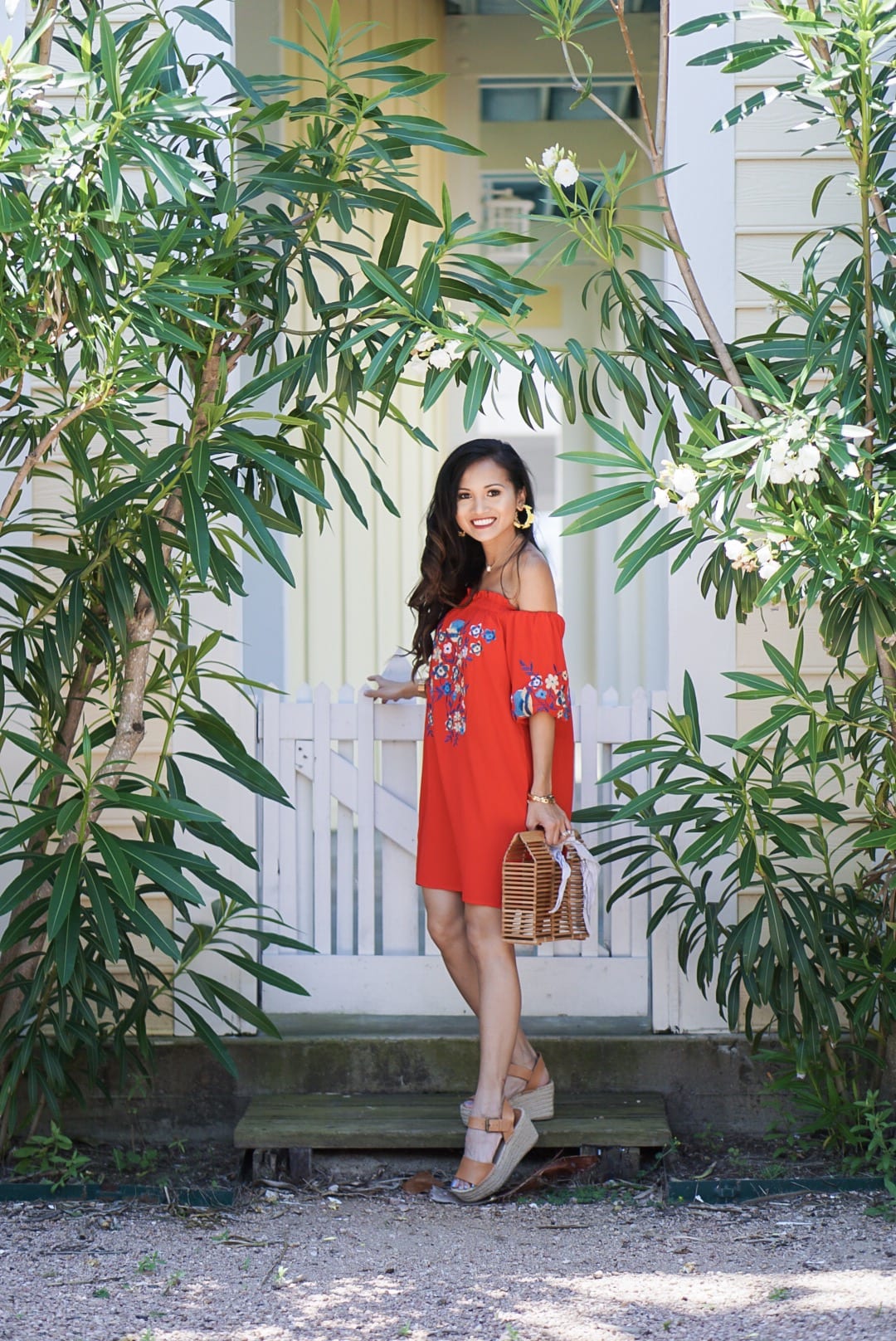 month of May, Mother's Day, Memorial Day, off the shoulder, cinco de Mayo, red embroidered dress, yellow statement earrings, bamboo bag, straw bag, yellow off the shoulder top, Betsy Boo's Boutique, red gingham top, Soludos platform sandals