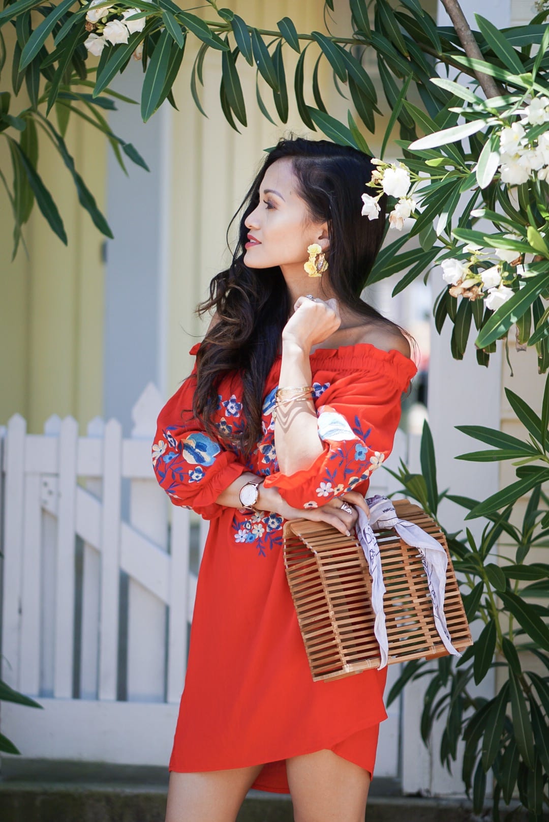 off the shoulder, cinco de Mayo, red embroidered dress, yellow statement earrings, bamboo bag, straw bag, yellow off the shoulder top, Betsy Boo's Boutique, red gingham top, Soludos platform sandals