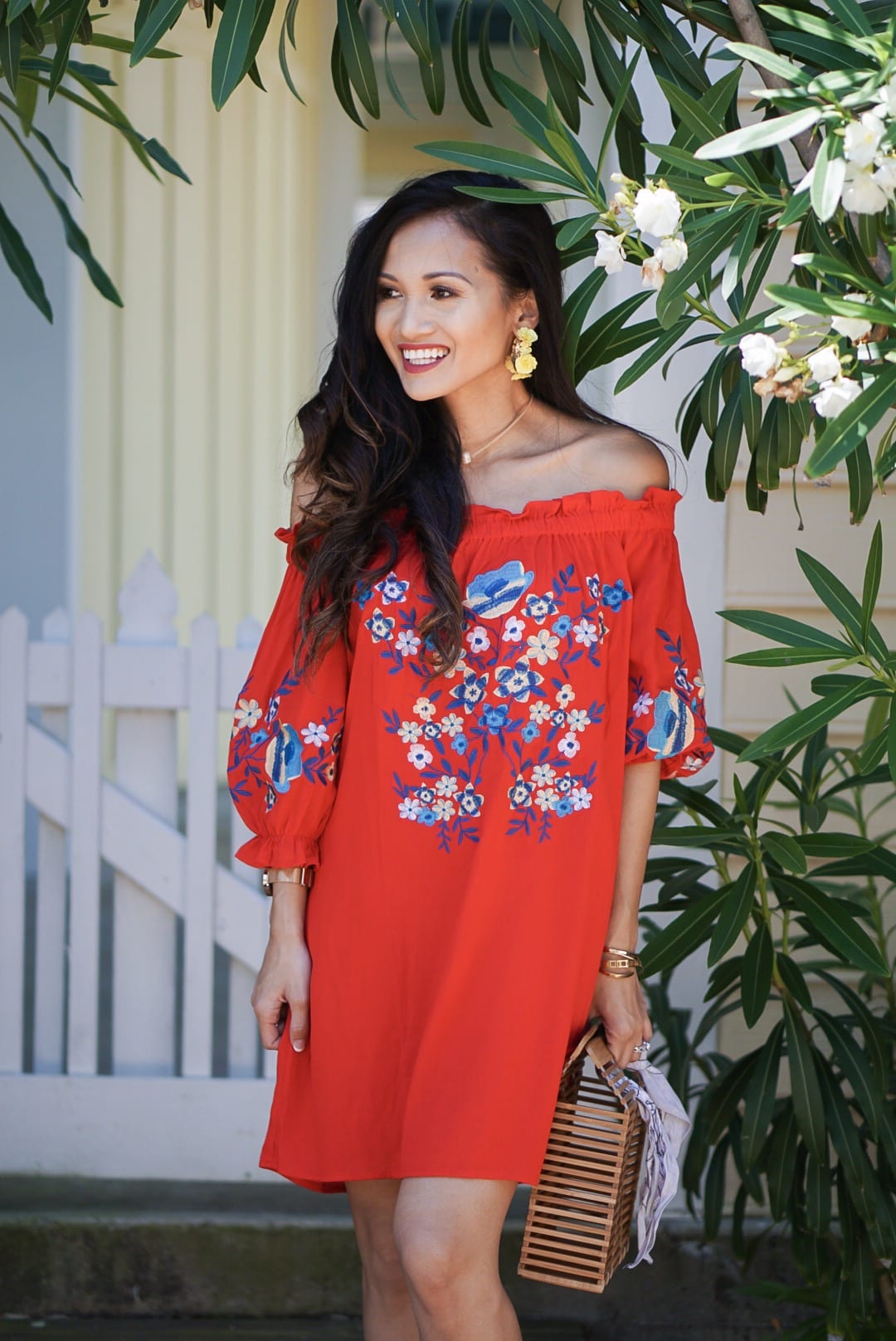 month of May, Mother's Day, Memorial Day, off the shoulder, cinco de Mayo, red embroidered dress, yellow statement earrings, bamboo bag, straw bag, yellow off the shoulder top, Betsy Boo's Boutique, red gingham top, Soludos platform sandals
