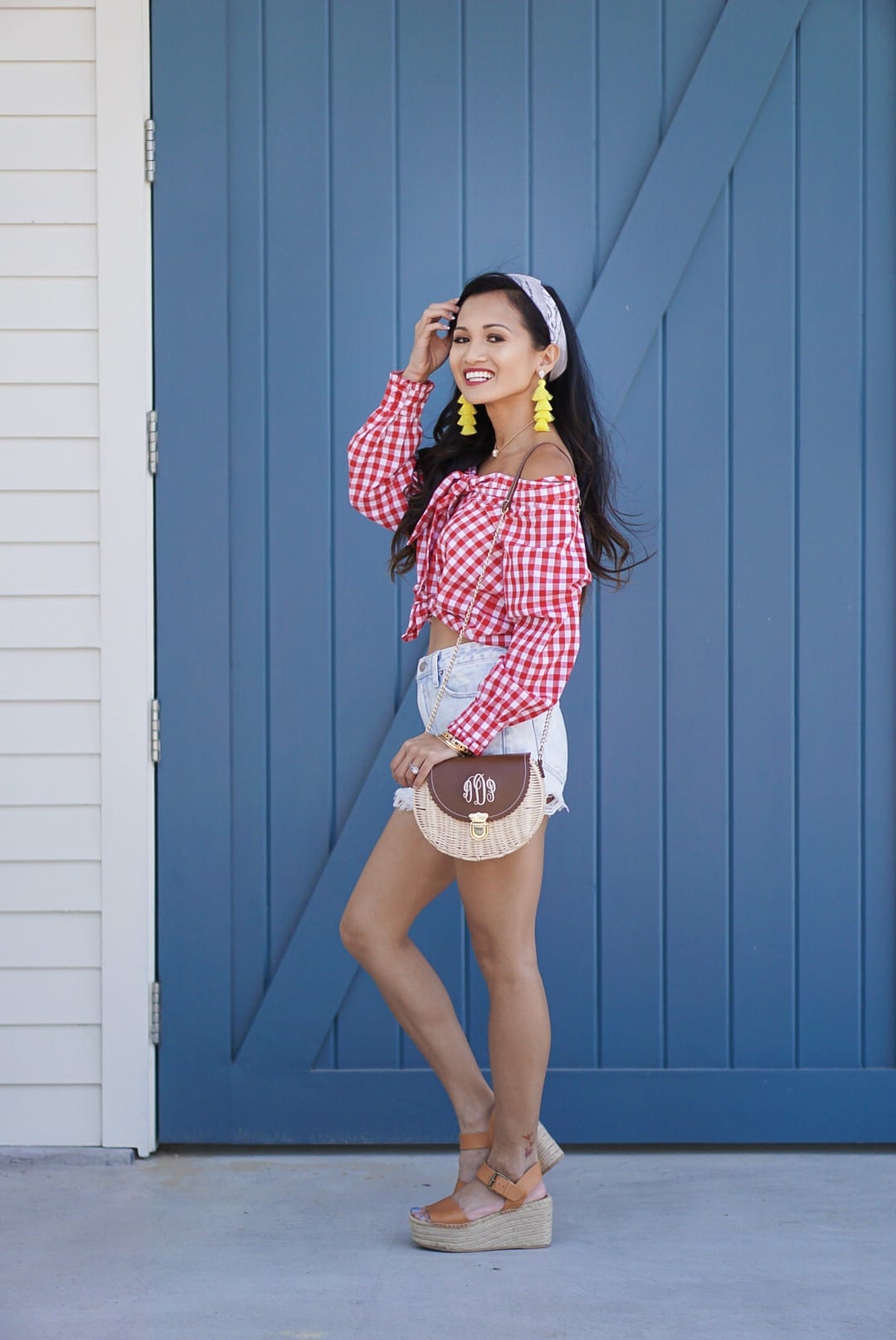 month of May, off the shoulder, cinco de Mayo, red embroidered dress, yellow statement earrings, bamboo bag, straw bag, yellow off the shoulder top, Betsy Boo's Boutique, red gingham top, Soludos platform sandals