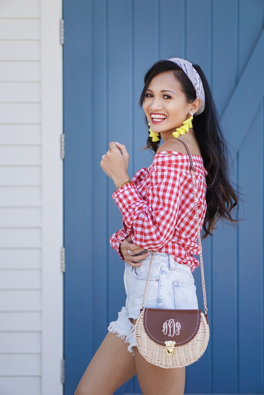 off the shoulder, cinco de Mayo, red embroidered dress, yellow statement earrings, bamboo bag, straw bag, yellow off the shoulder top, Betsy Boo's Boutique, red gingham top, Soludos platform sandals