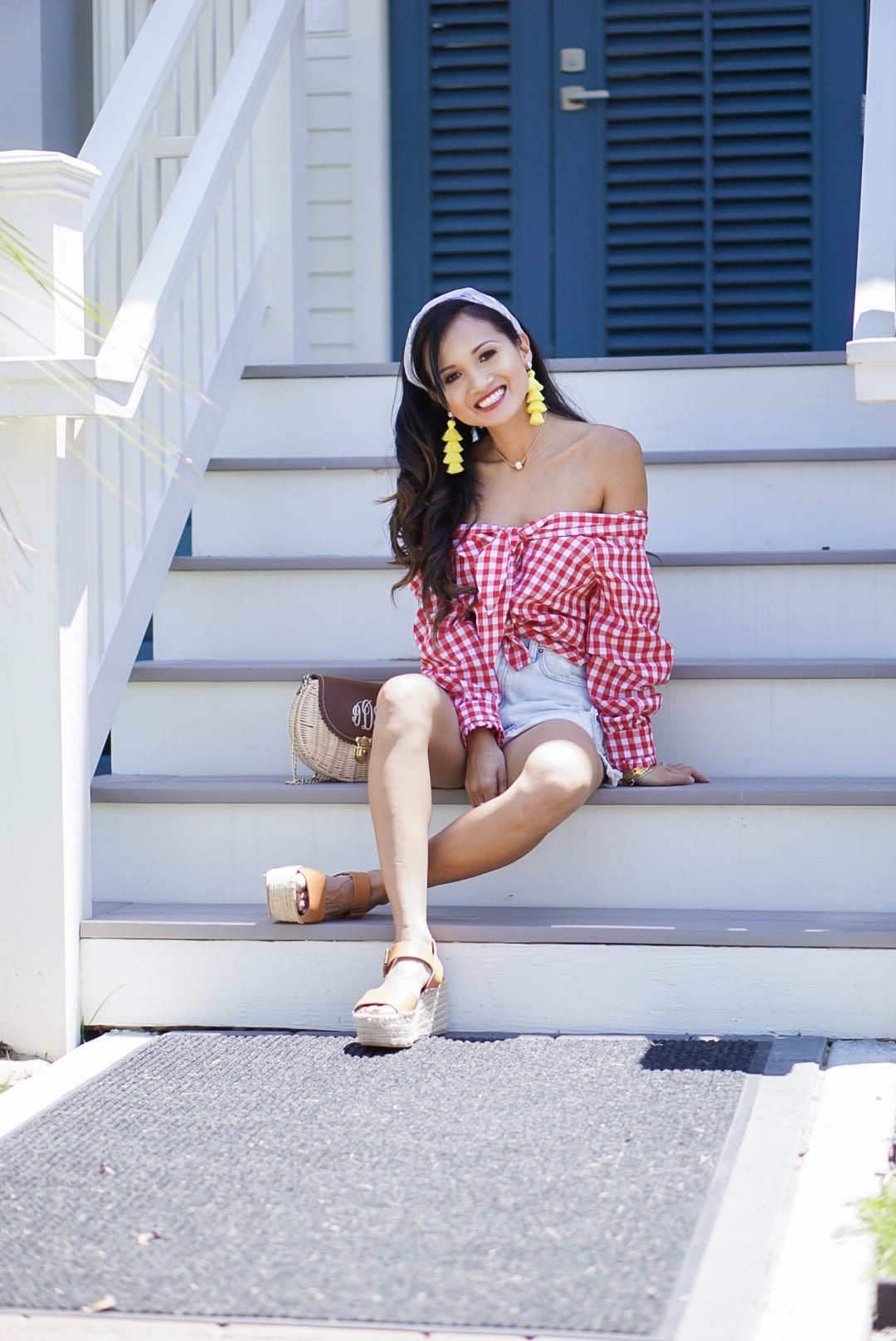 month of May, Mother's Day, Memorial Day, off the shoulder, cinco de Mayo, red embroidered dress, yellow statement earrings, bamboo bag, straw bag, yellow off the shoulder top, Betsy Boo's Boutique, red gingham top, Soludos platform sandals