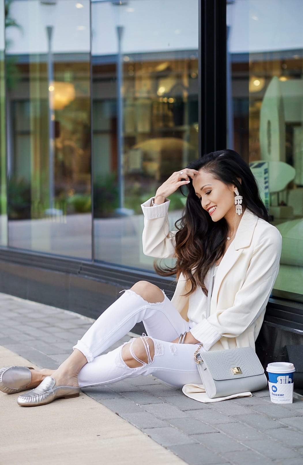 #movefor #inspiredsteps #sponsored #zappso, easy spirit Crellin, mules, loafers, Zappos, dress for success, white blazer, white jeans, Gigi New York crossbody bag, Kendra Scott earrings 