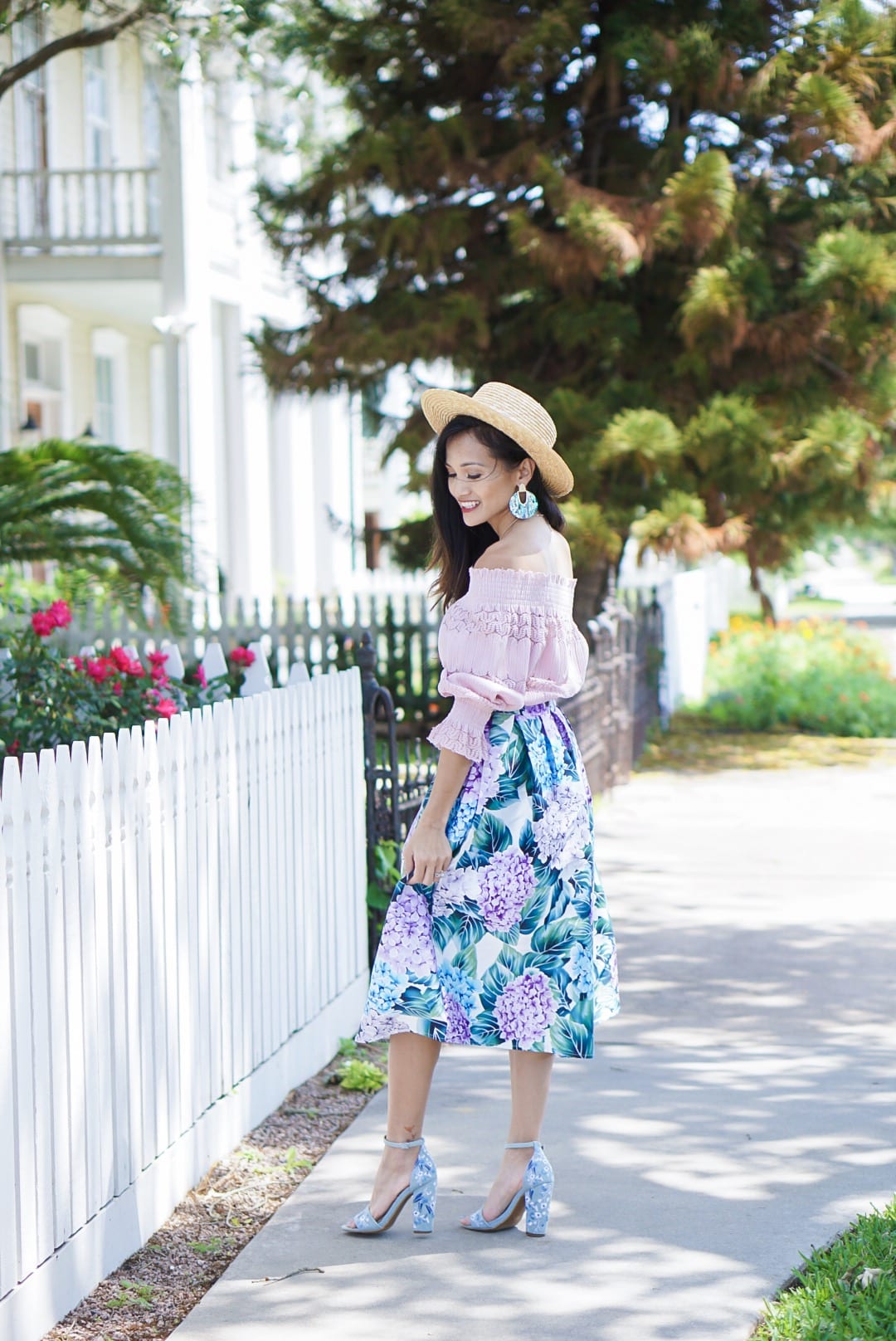 hydrangea skirt, floral skirt, Sunday best, #summerstyle, #sundaybrunchoutfit, #kendrascott, off the shoulder, #mothersday, Mother's Day outfit, straw bag, embroidered block heels, Mother's Day 