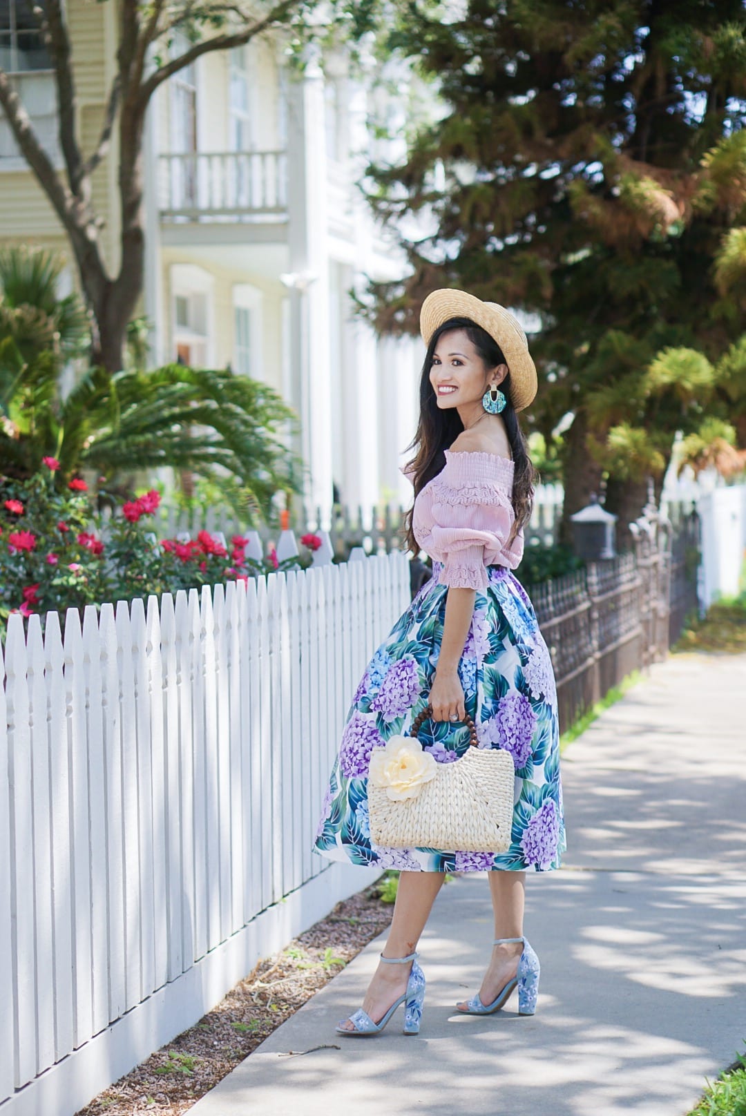 hydrangea skirt, floral skirt, Sunday best, #summerstyle, #sundaybrunchoutfit, #kendrascott, off the shoulder, #mothersday, Mother's Day outfit, straw bag, embroidered block heels, Mother's Day 