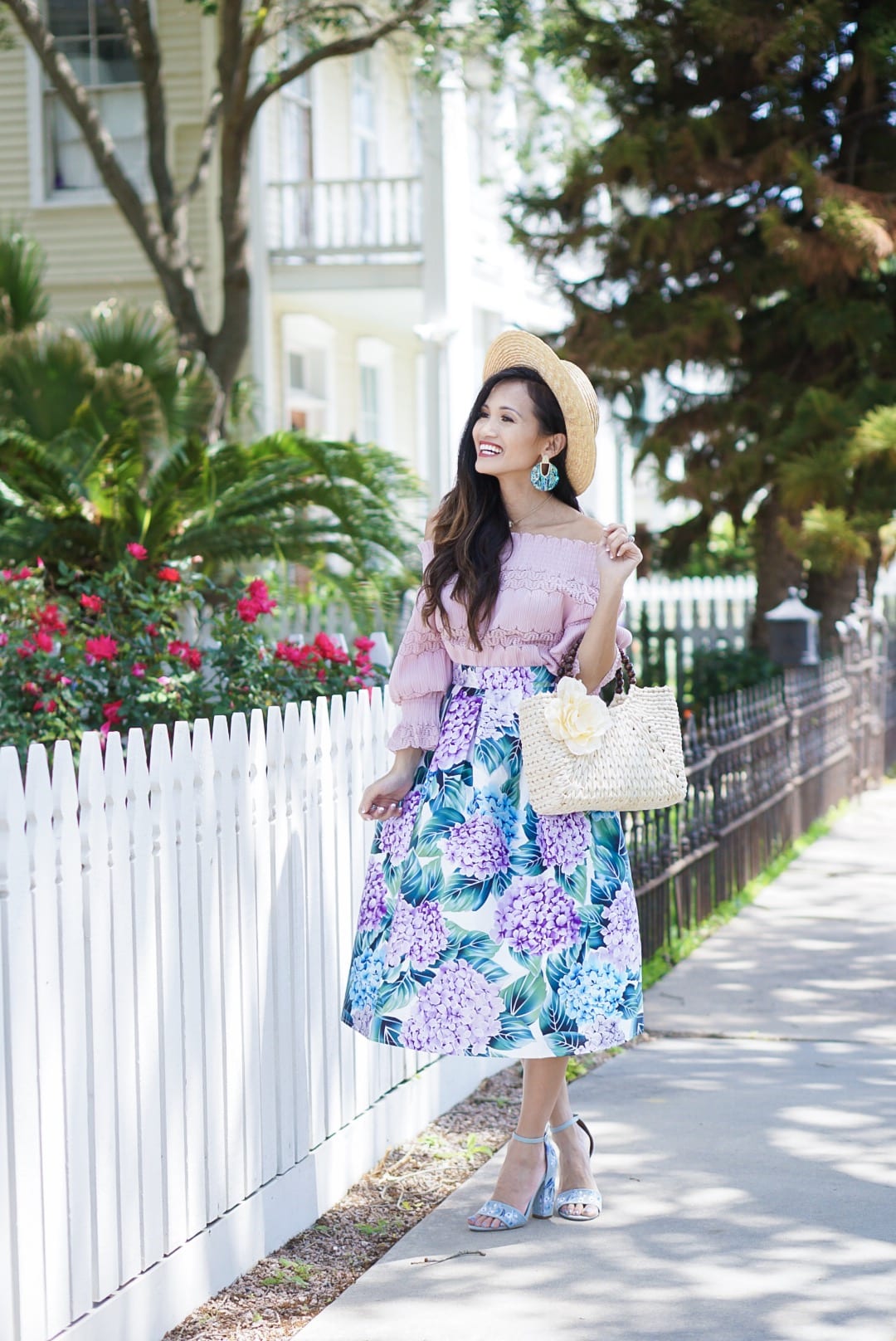 hydrangea skirt, floral skirt, Sunday best, #summerstyle, #sundaybrunchoutfit, #kendrascott, off the shoulder, #mothersday, Mother's Day outfit, straw bag, embroidered block heels, Mother's Day 