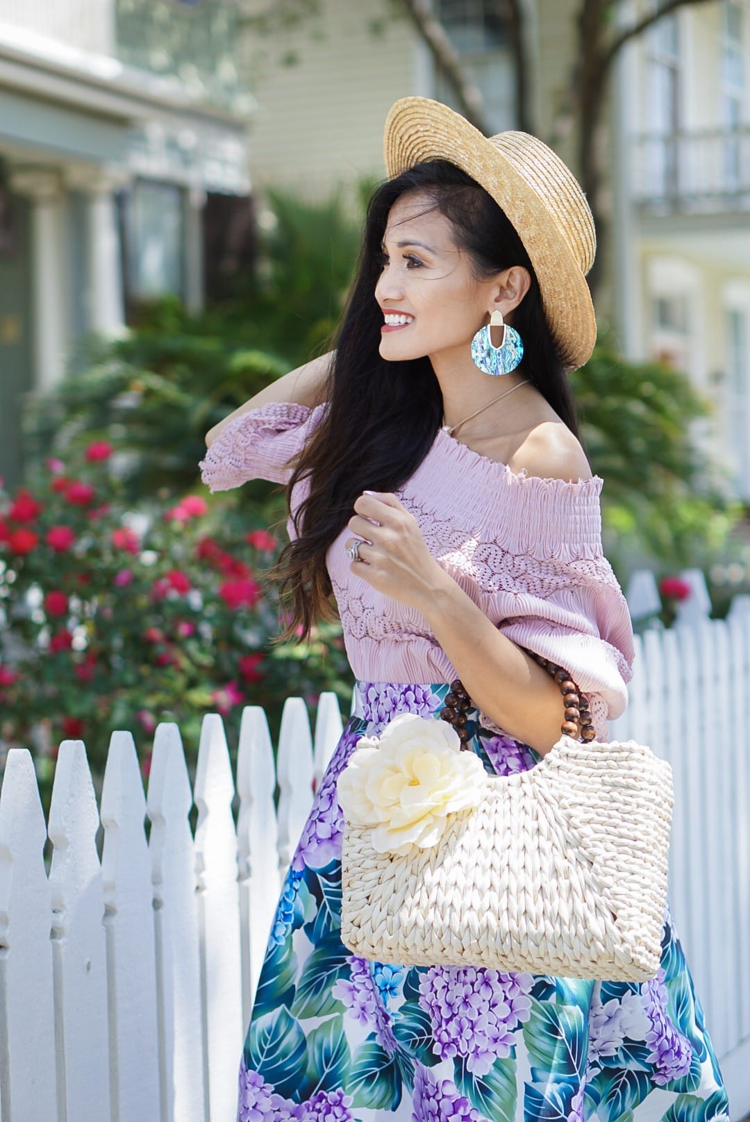 hydrangea skirt, floral skirt, Sunday best, #summerstyle, #sundaybrunchoutfit, #kendrascott, off the shoulder, #mothersday, Mother's Day outfit, straw bag, embroidered block heels, Mother's Day 