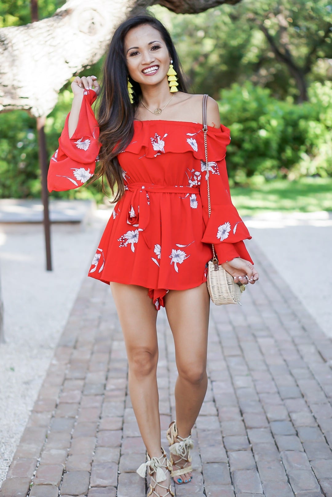 red romper, red floral romper, #summerstyle, #summeroutfit, #chicwish, #romper, off the shoulder, networking, tips on networking, liketoknow.it, yellow tassel earrings, lace up sandals