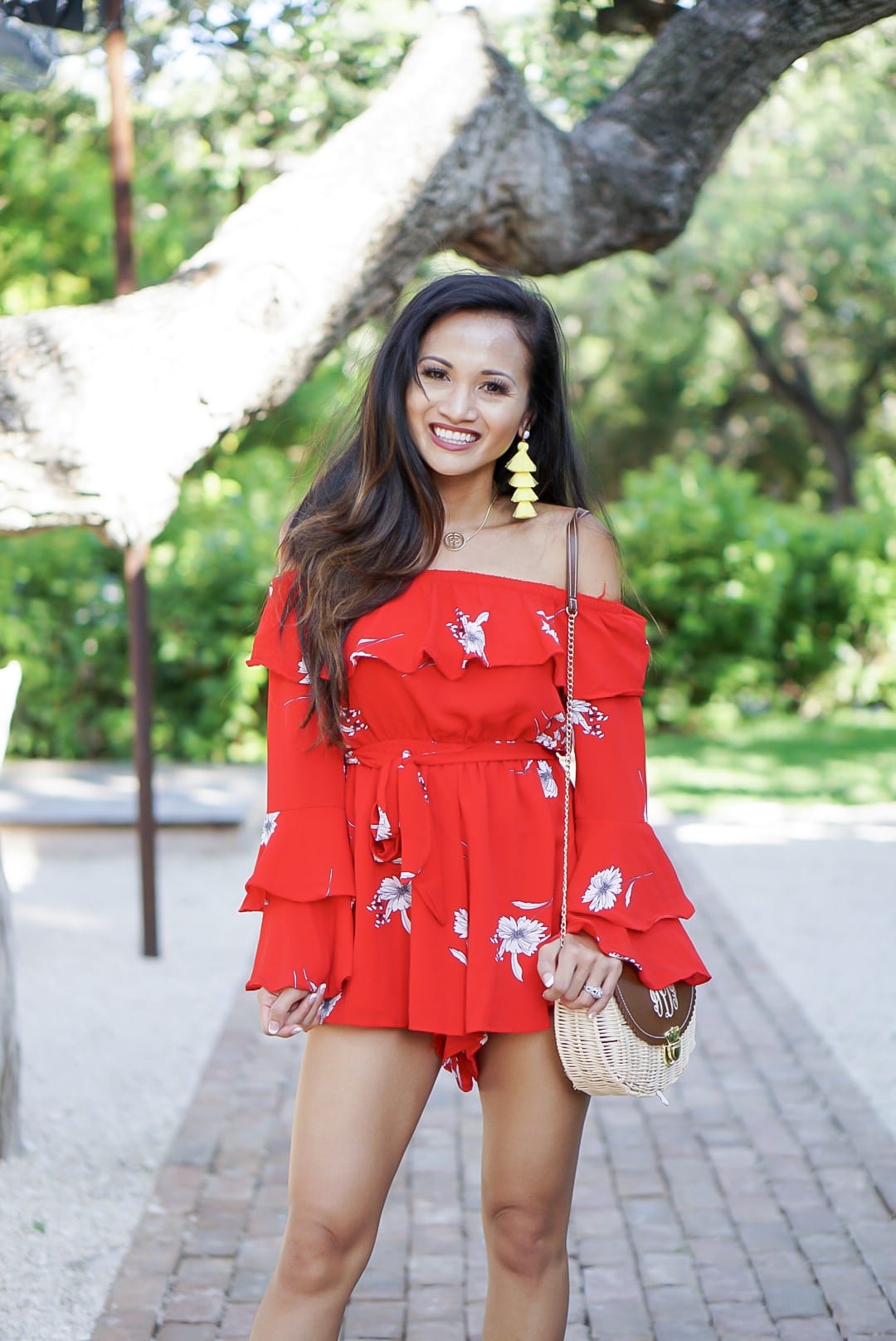 red romper, red floral romper, #summerstyle, #summeroutfit, #chicwish, #romper, off the shoulder, networking, tips on networking, liketoknow.it, yellow tassel earrings, lace up sandals