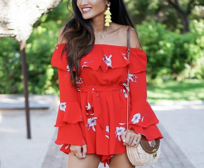 red romper, red floral romper, #summerstyle, #summeroutfit, #chicwish, #romper, off the shoulder, networking, tips on networking, liketoknow.it, yellow tassel earrings, lace up sandals