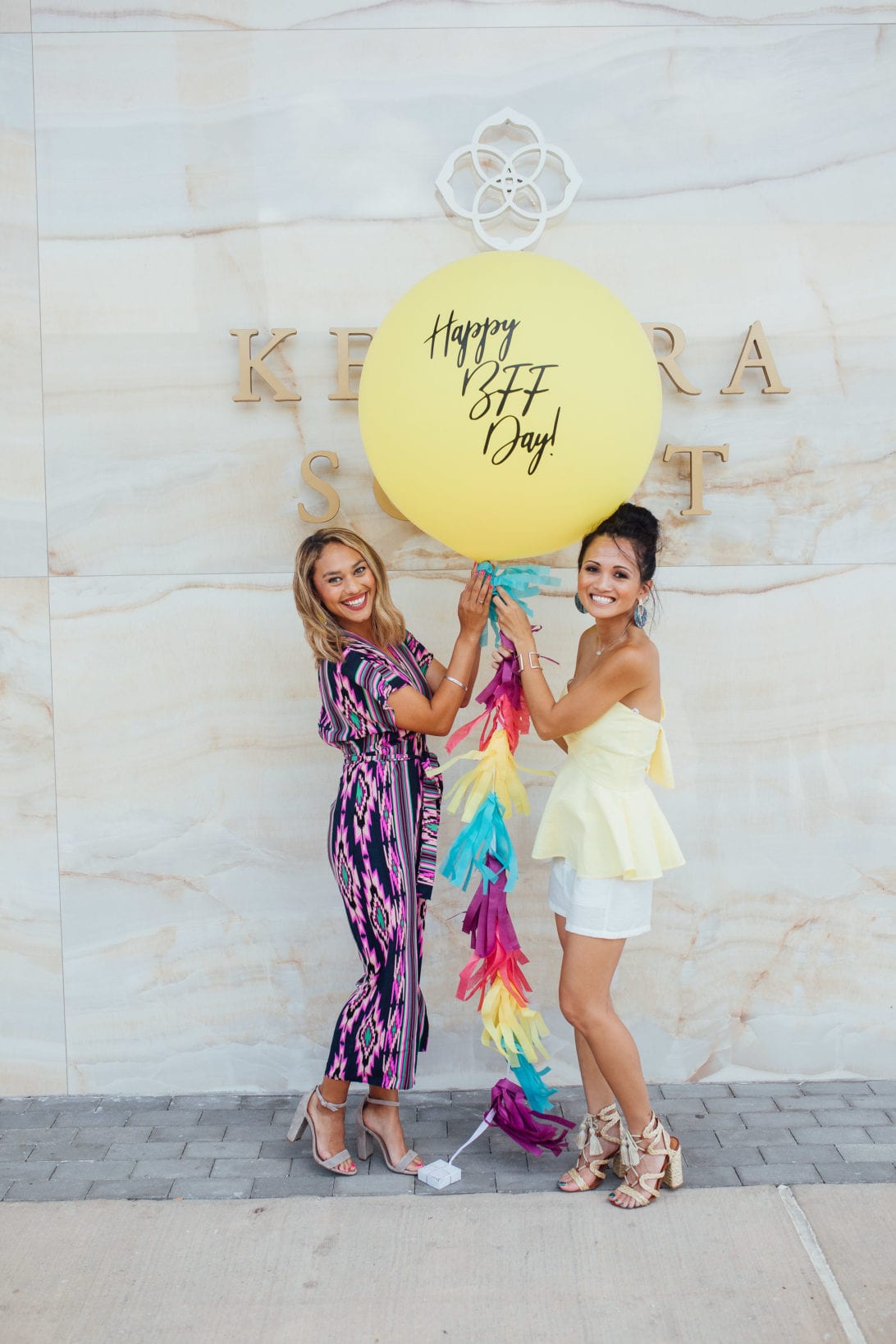 KENDRA SCOTT, FUNDRAISER, #NATIONALBFFDAY, BIG ASS BALLOONS, LAUREN JAMES #SUMMERSTYLE, #SUMMERFASHION, YELLOW PEPLUM TOP, WHITE TIE FRONT SHORTS, LACE UP SANDALS, #DAWNPDARNELL, #HOUSTONBLOGGER