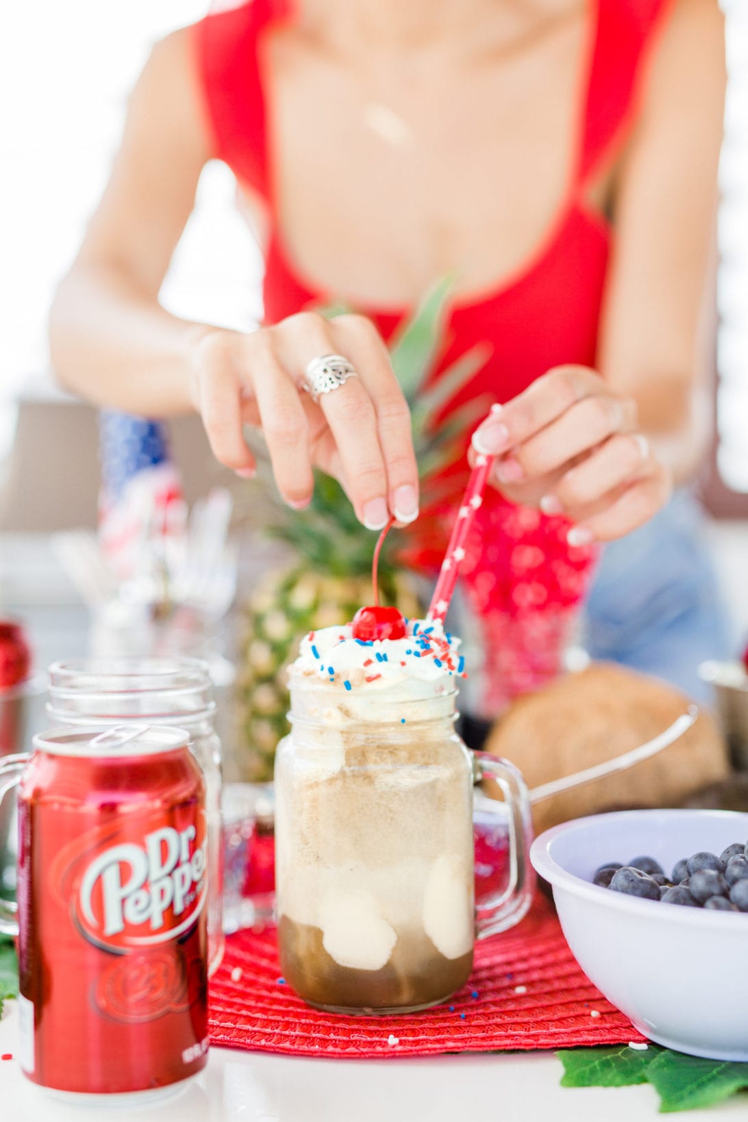 #PickYourPepper, #Walmart, #ad, 4th of July, Walmart, Memorial Day, Pool Party, red, white and blue party, summer party, dr. pepper, red swimsuit, heart shaped sunglasses, pool party, watermelon, DIY 4th of July decoration, Dr. Pepper Float, float bar, float station, Dr. Pepper ice-cream