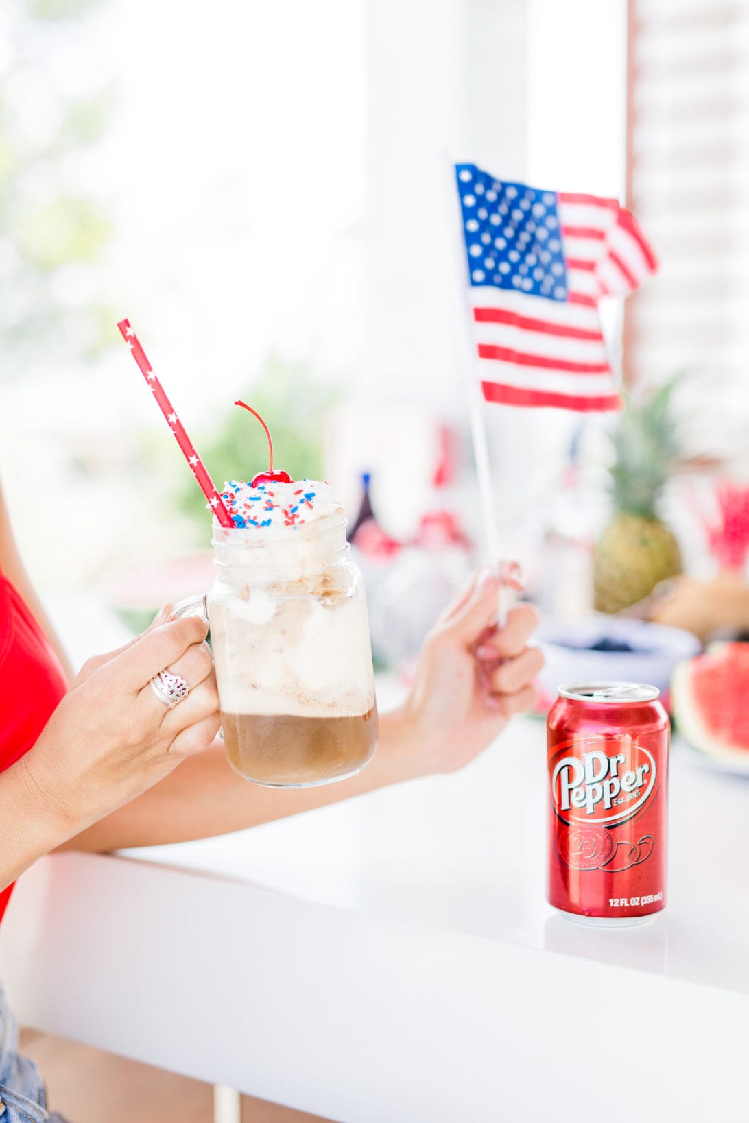 #PickYourPepper, #Walmart, #ad, 4th of July, Walmart, Memorial Day, Pool Party, red, white and blue party, summer party, dr. pepper, red swimsuit, heart shaped sunglasses, pool party, watermelon, DIY 4th of July decoration, Dr. Pepper Float, float bar, float station, Dr. Pepper ice-cream