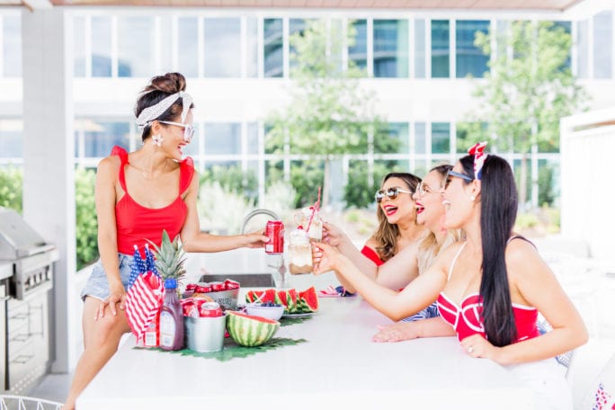 #PickYourPepper, #Walmart #ad, 4th of July, Memorial Day, Pool Party, red, white and blue party, summer party, dr. pepper, red swimsuit, heart shaped sunglasses, pool party, watermelon, DIY 4th of July decoration, Dr. Pepper Float, float bar, float station, Dr. Pepper ice-cream