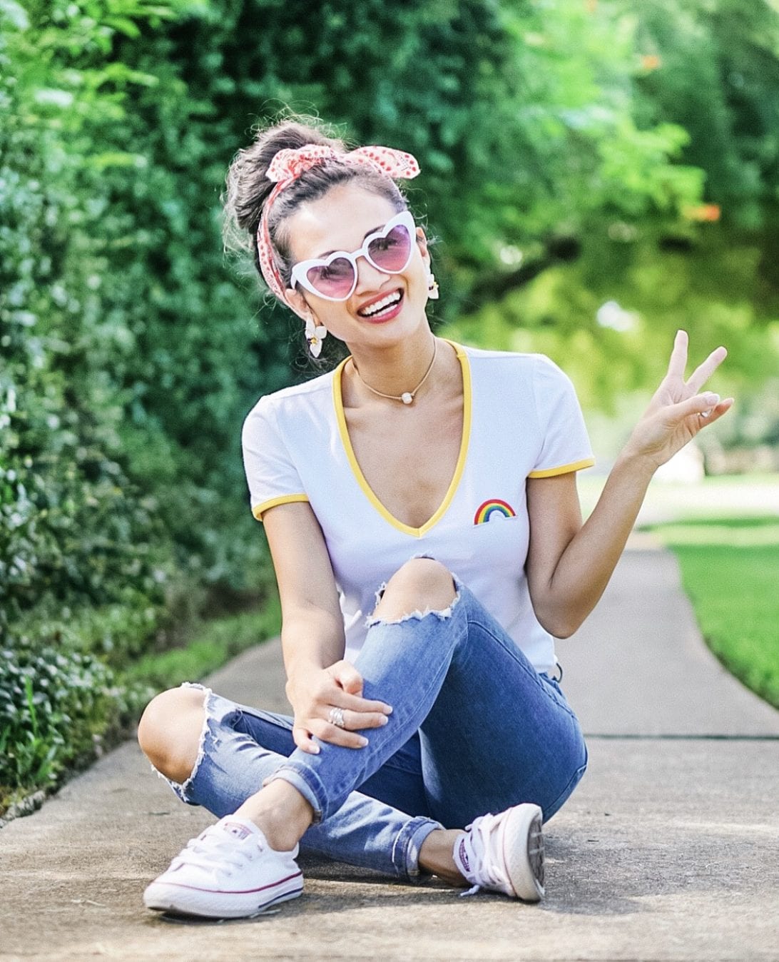heart shaped sunglasses, rainbow shirt, #pride #happypride, converse, freepeople jeans, #freepeople, bandana, summer style, summer outfit, flower earrings, #dawnpdarnell