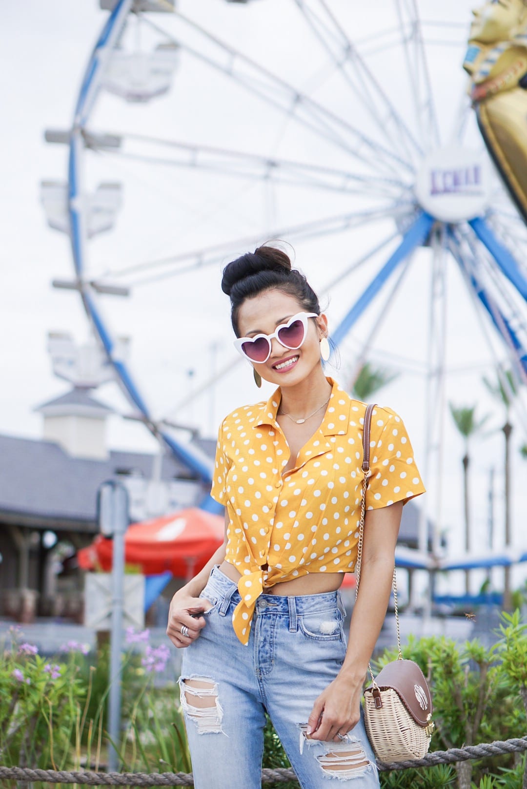 , polka dot, polka dot blouse, polka dot top, yellow polka dot, summer style #summerfashion, heart shaped glasses, monogrammed bag, straw bag, woven sandals, 60's inspired fashion, affordable fashion, mom jeans