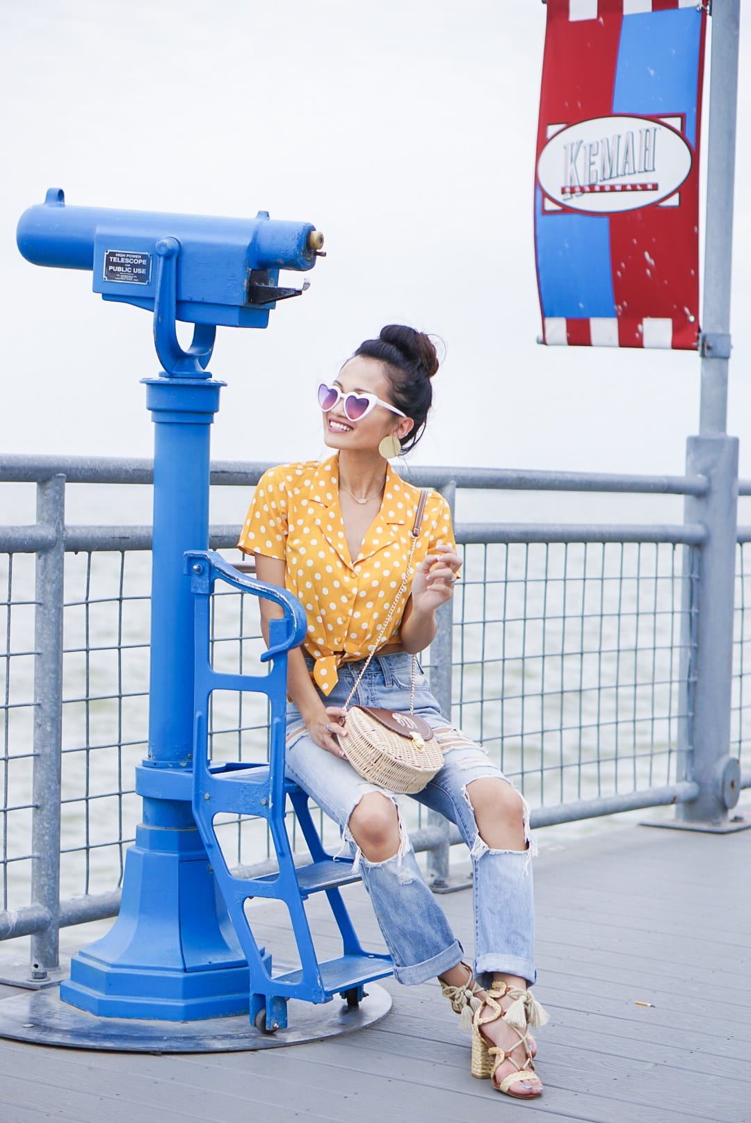 , polka dot, polka dot blouse, polka dot top, yellow polka dot, summer style #summerfashion, heart shaped glasses, monogrammed bag, straw bag, woven sandals, 60's inspired fashion, affordable fashion, mom jeans