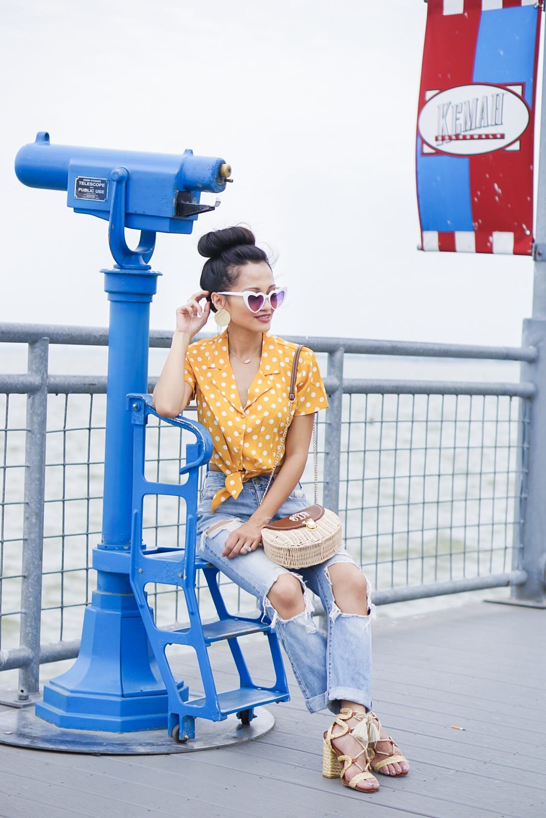 , polka dot, polka dot blouse, polka dot top, yellow polka dot, summer style #summerfashion, heart shaped glasses, monogrammed bag, straw bag, woven sandals, 60's inspired fashion, affordable fashion, mom jeans