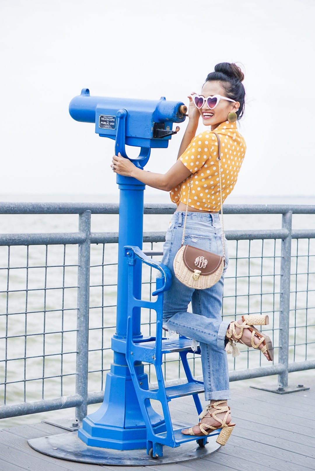 , polka dot, polka dot blouse, polka dot top, yellow polka dot, summer style #summerfashion, heart shaped glasses, monogrammed bag, straw bag, woven sandals, 60's inspired fashion, affordable fashion, mom jeans