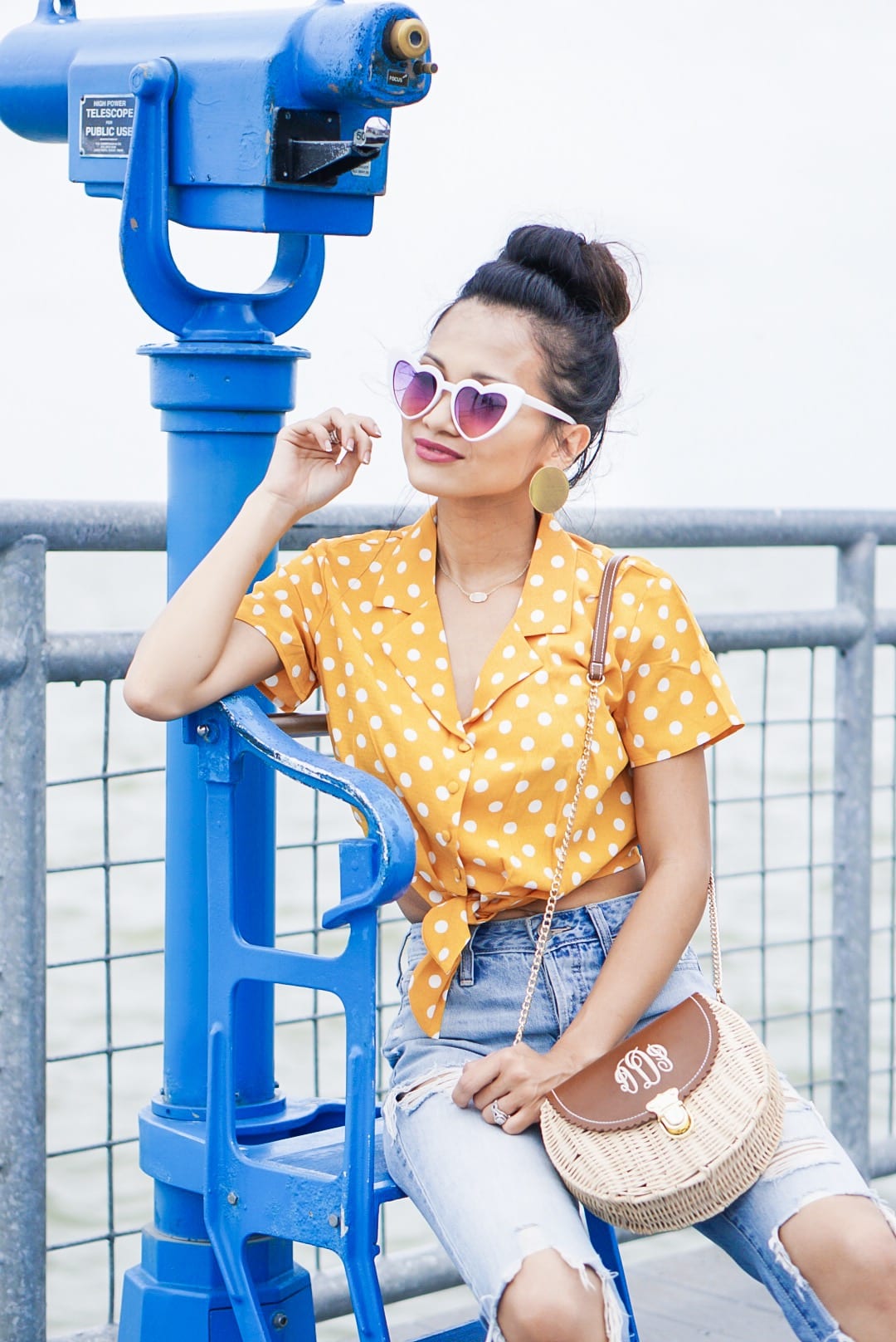 , polka dot, polka dot blouse, polka dot top, yellow polka dot, summer style #summerfashion, heart shaped glasses, monogrammed bag, straw bag, woven sandals, 60's inspired fashion, affordable fashion, mom jeans