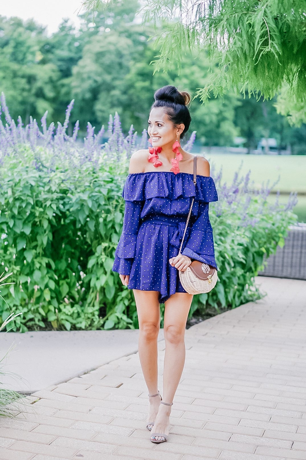 blogging tips, staying focused, goals, blue romper, statement earrings, flower earrings, Stella Ruby, Chicwish, summer style, #summerfashion, MarleyLilly, monogrammed bag