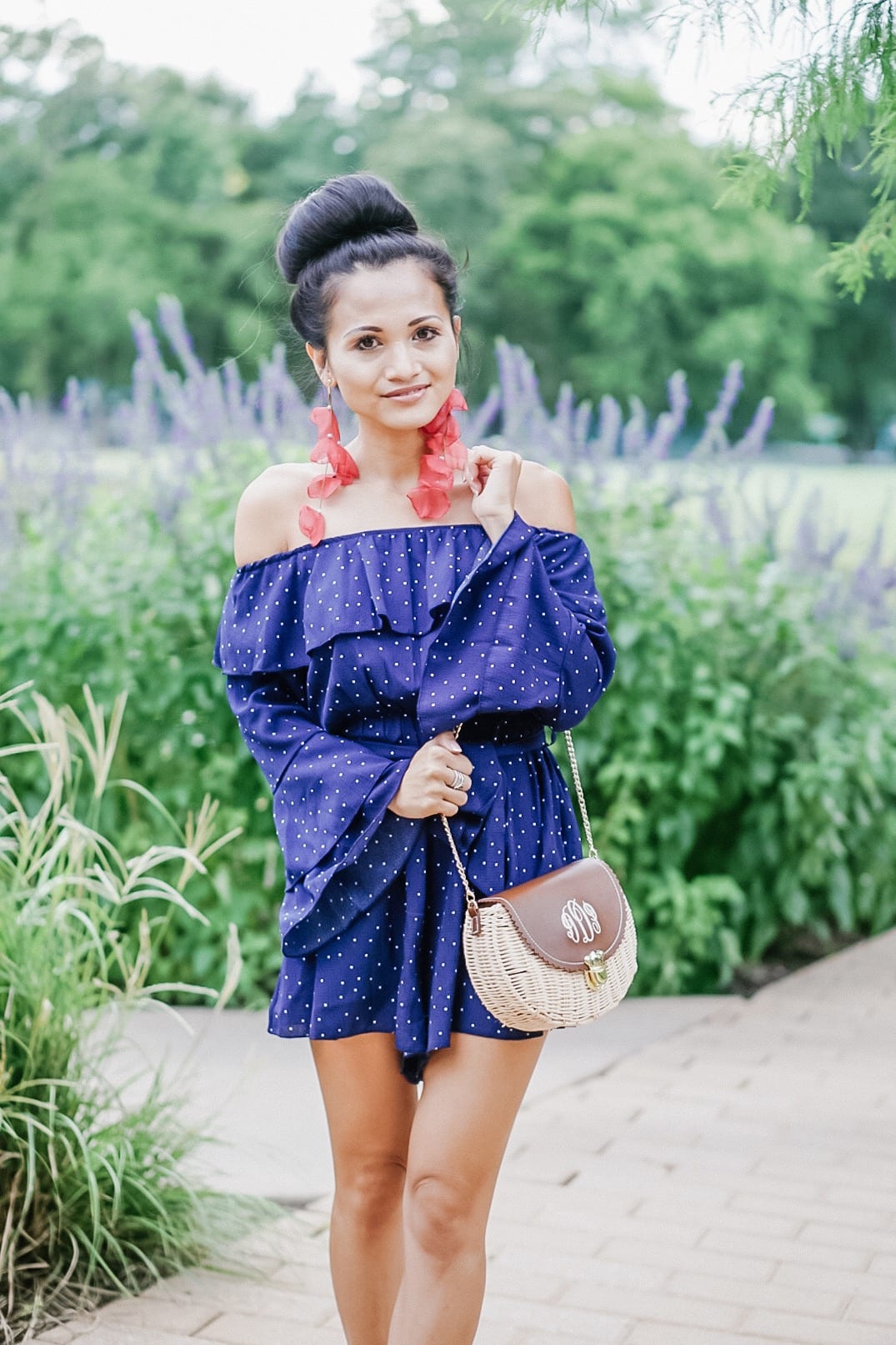 blogging tips, staying focused, goals, blue romper, statement earrings, flower earrings, Stella Ruby, Chicwish, summer style, #summerfashion, MarleyLilly, monogrammed bag