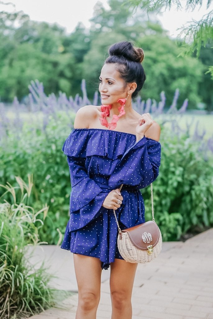 blue romper, statement earrings, flower earrings, Stella Ruby, Chicwish, summer style, #summerfashion, MarleyLilly, monogrammed bag