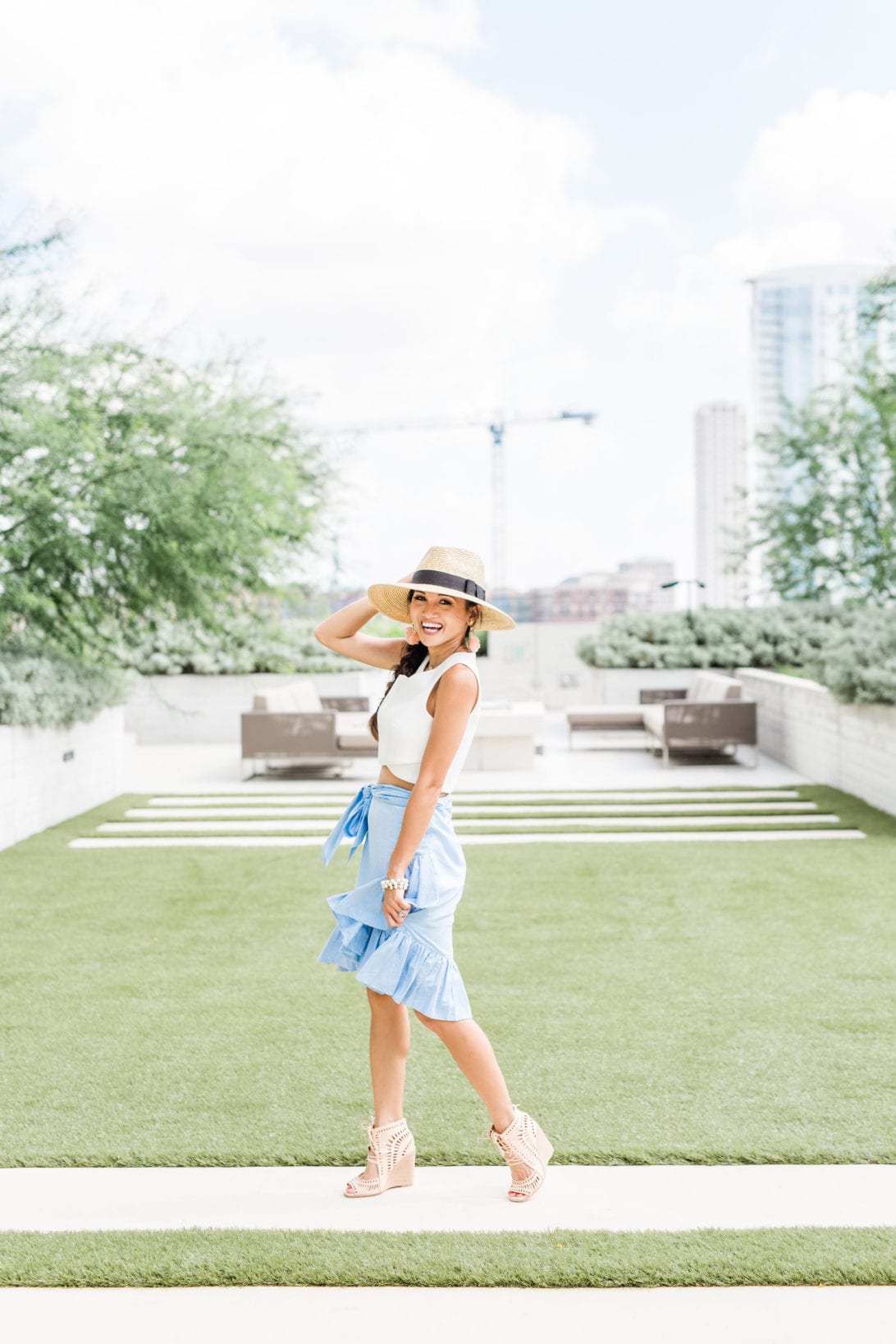 blue ruffle skirt, chic wish, straw hat, Jeffrey Campbell wedges, #dawnpdarnell, #summerstyle #houstonblogger, summer entertaining, summer party, soiree, how to throw a summer soiree