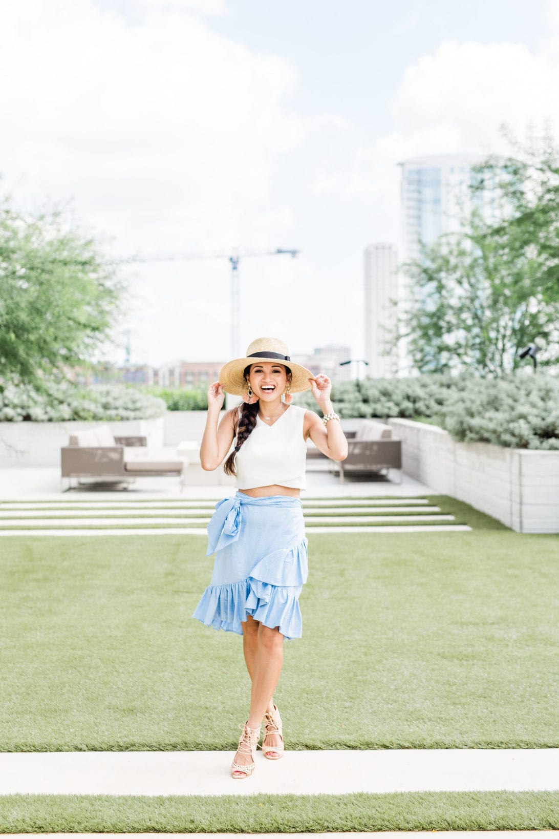 blue ruffle skirt, chic wish, straw hat, Jeffrey Campbell wedges, #dawnpdarnell, #summerstyle #houstonblogger, summer entertaining, summer party, soiree, how to throw a summer soiree, tips to throwing a summer soiree, outdoor entertaining, home and gardens, garden party, summer tablescape 