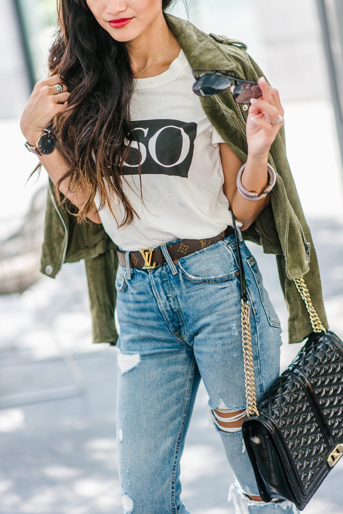 beso shirt, red booties, GRLFRND denim, Louis Vuitton belt, quay sunglasses, Blank NYC jacket, moto suede jacket 