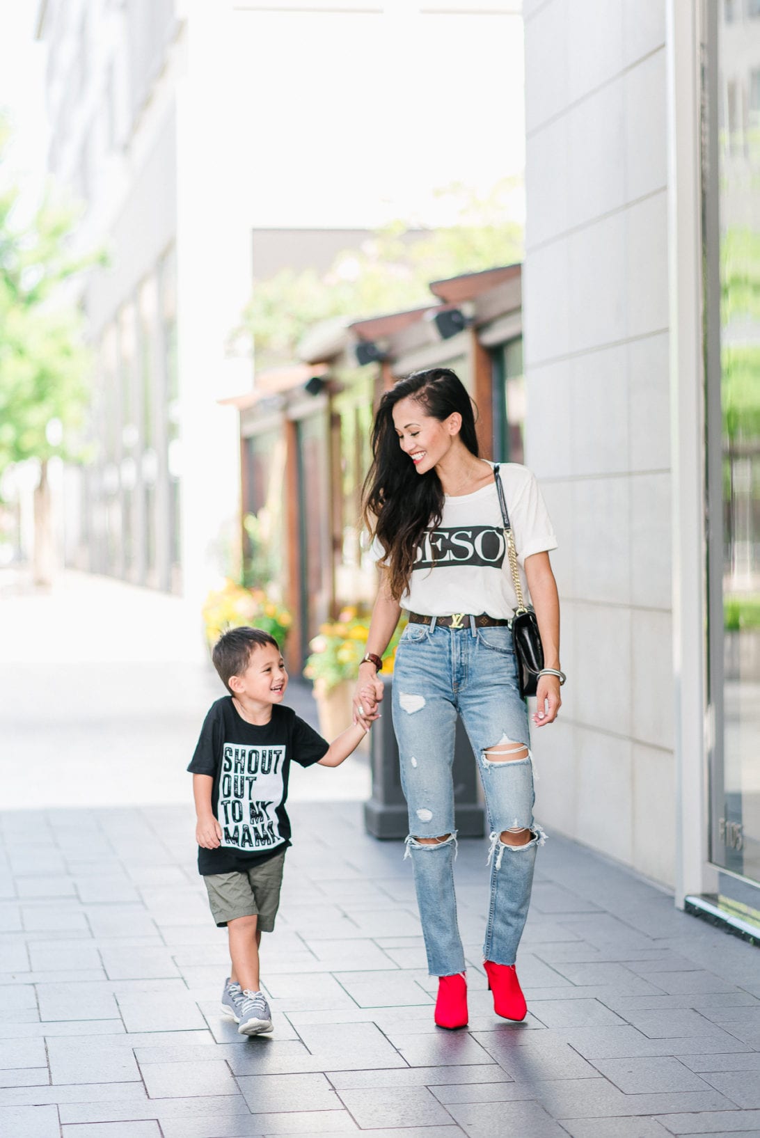 mom style, toddler boy style, boy fashion, toddler fashion, beso shirt, red booties, GRLFRND denim, Louis Vuitton belt, quay sunglasses, Blank NYC jacket, moto suede jacket , mommy and me, toddler boy style, mommy and me fashion, boy mom 
