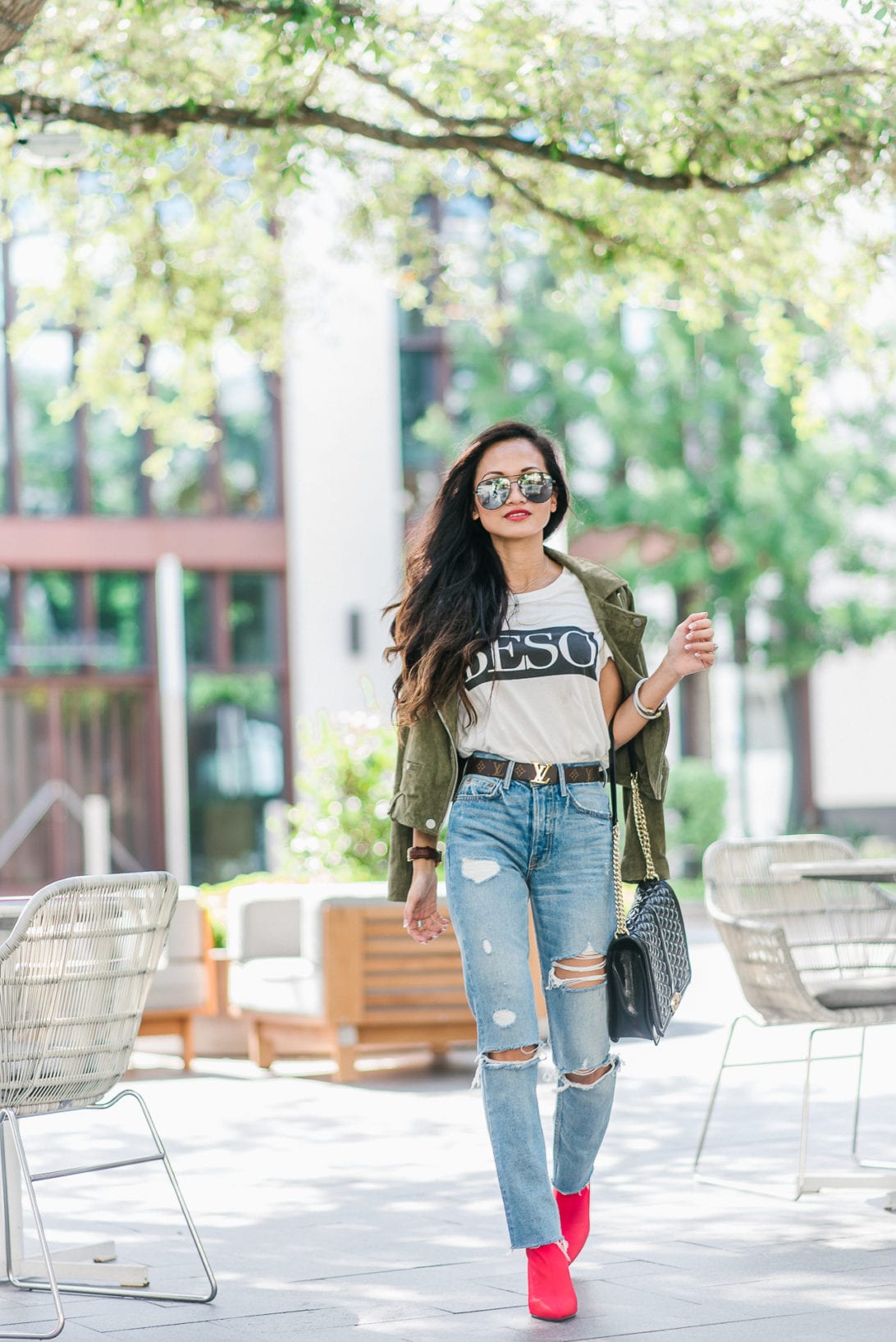 beso shirt, red booties, GRLFRND denim, Louis Vuitton belt, quay sunglasses, Blank NYC jacket, moto suede jacket 