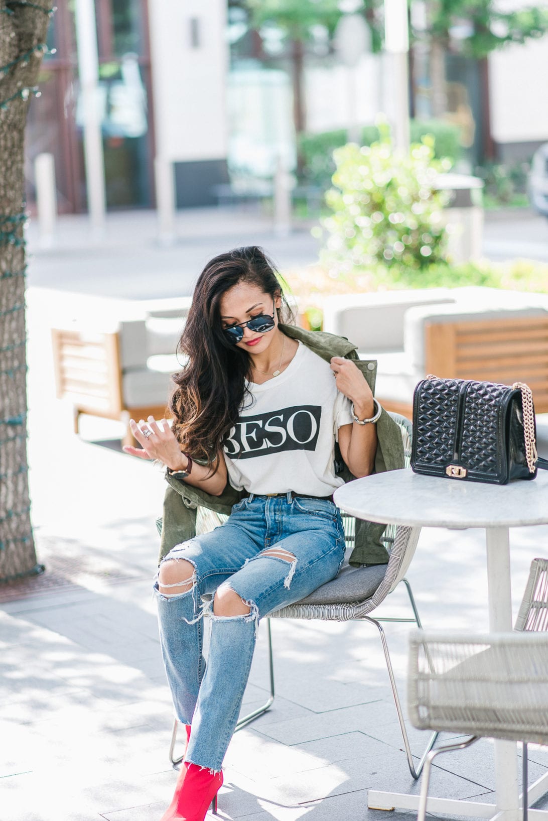 beso shirt, red booties, GRLFRND denim, Louis Vuitton belt, quay sunglasses, Blank NYC jacket, moto suede jacket 