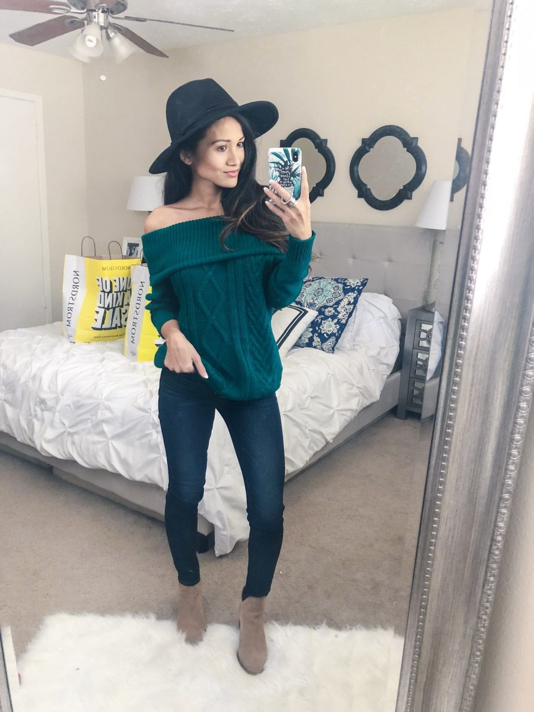 nordstrom anniversary sale, try-on session, love it or leave it, petite style, petite fashion, off the shoulder sweater, fall style, black Panama hat