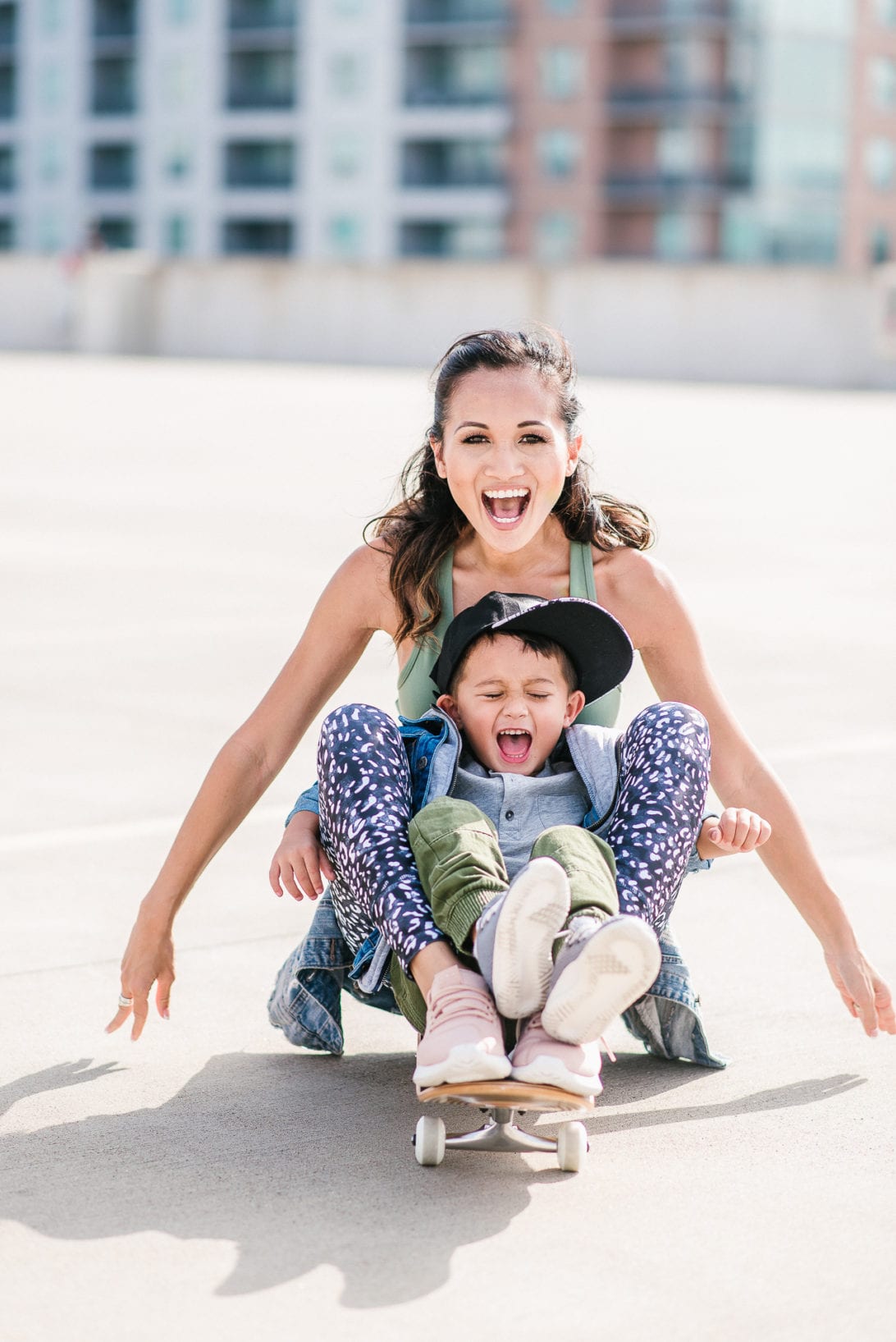 skateboard, toddler fashion, toddler boy style, urban toddler boy fashion, fitness fashion, Lorna Jane Activewear, leopard tights, mommy and me style, mommy and me fashion, #boymom, #houstonblogger, street style, fearless, comfort zone, face your fears