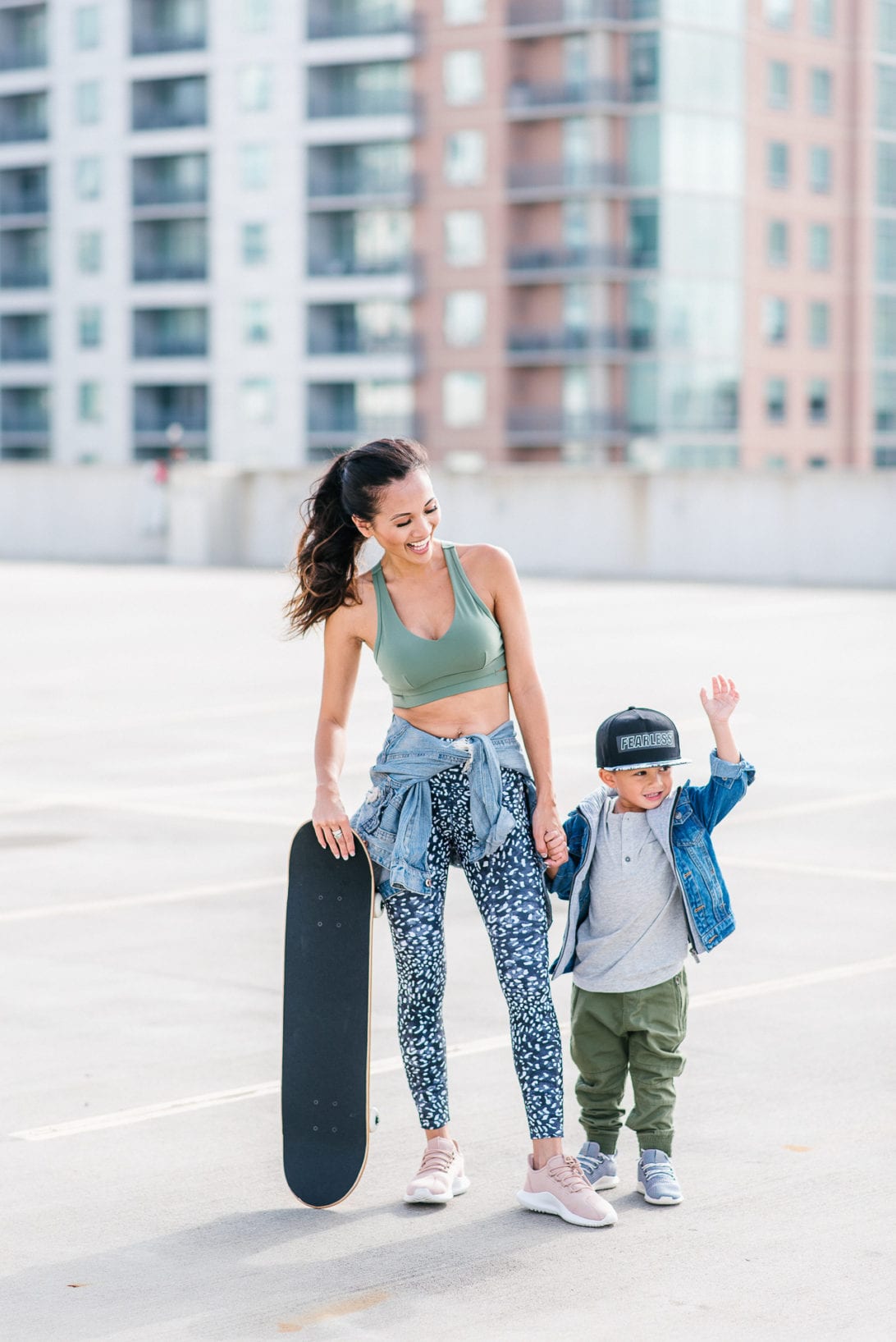 skateboard, toddler fashion, toddler boy style, urban toddler boy fashion, fitness fashion, Lorna Jane Activewear, leopard tights, mommy and me style, mommy and me fashion, #boymom, #houstonblogger, street style, fearless, comfort zone, face your fears