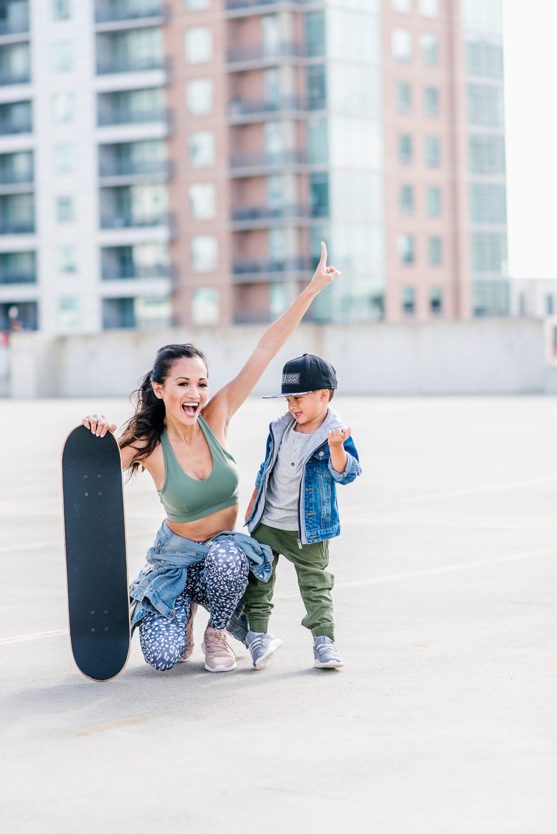 skateboard, toddler fashion, toddler boy style, urban toddler boy fashion, fitness fashion, Lorna Jane Activewear, leopard tights, mommy and me style, mommy and me fashion, #boymom, #houstonblogger, street style, fearless, comfort zone, face your fears