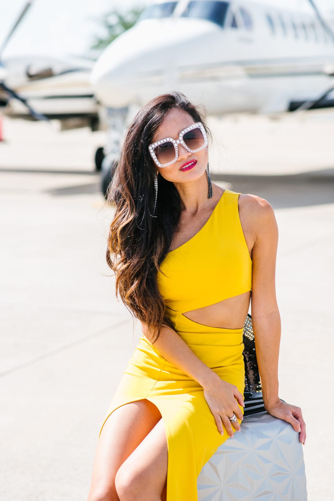 YELLOW CUT OUT DRESS, BLING SUNGLASSES, STATEMENT GLASSES