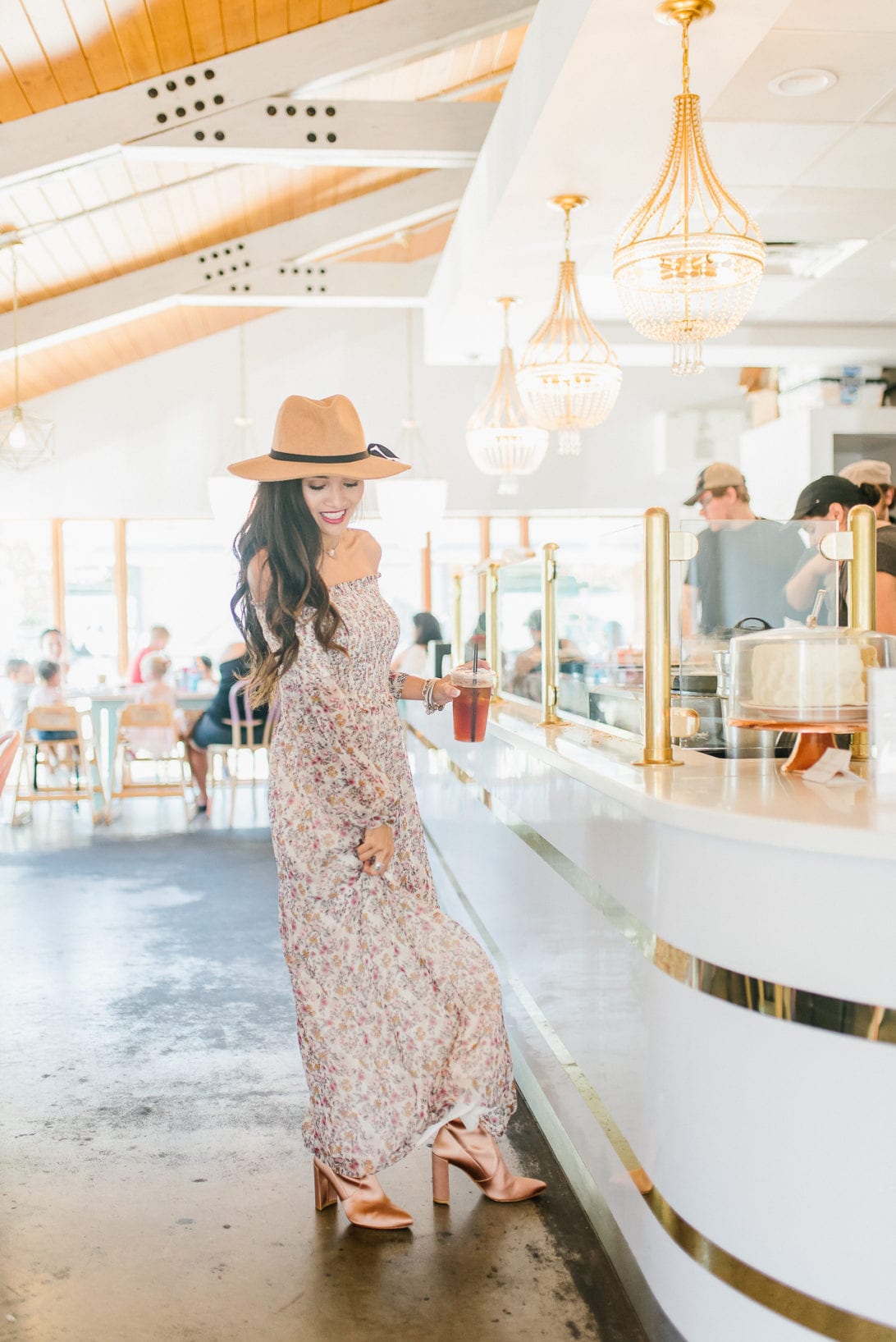 pink booties, floral maxi, felt fedora, crepes, cafe bar, fall style